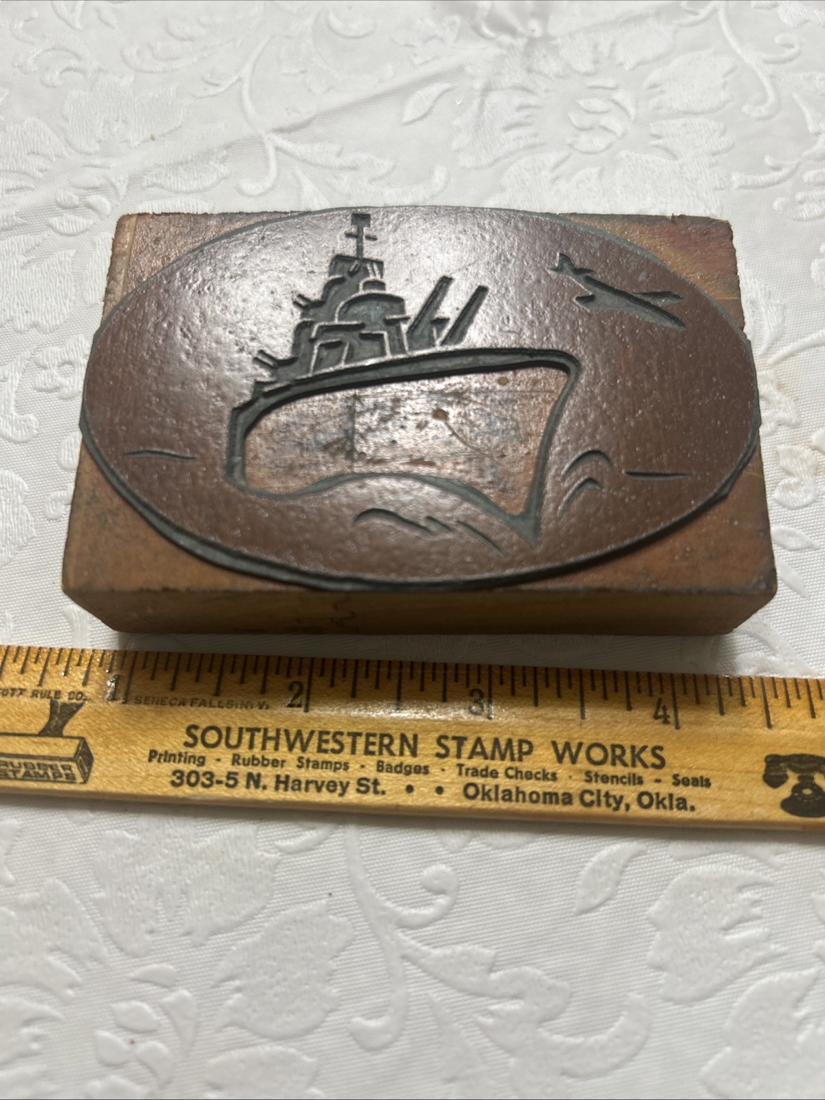 1950s Print Block BATTLESHIP US Navy Naval Rare One Of A Kind United States