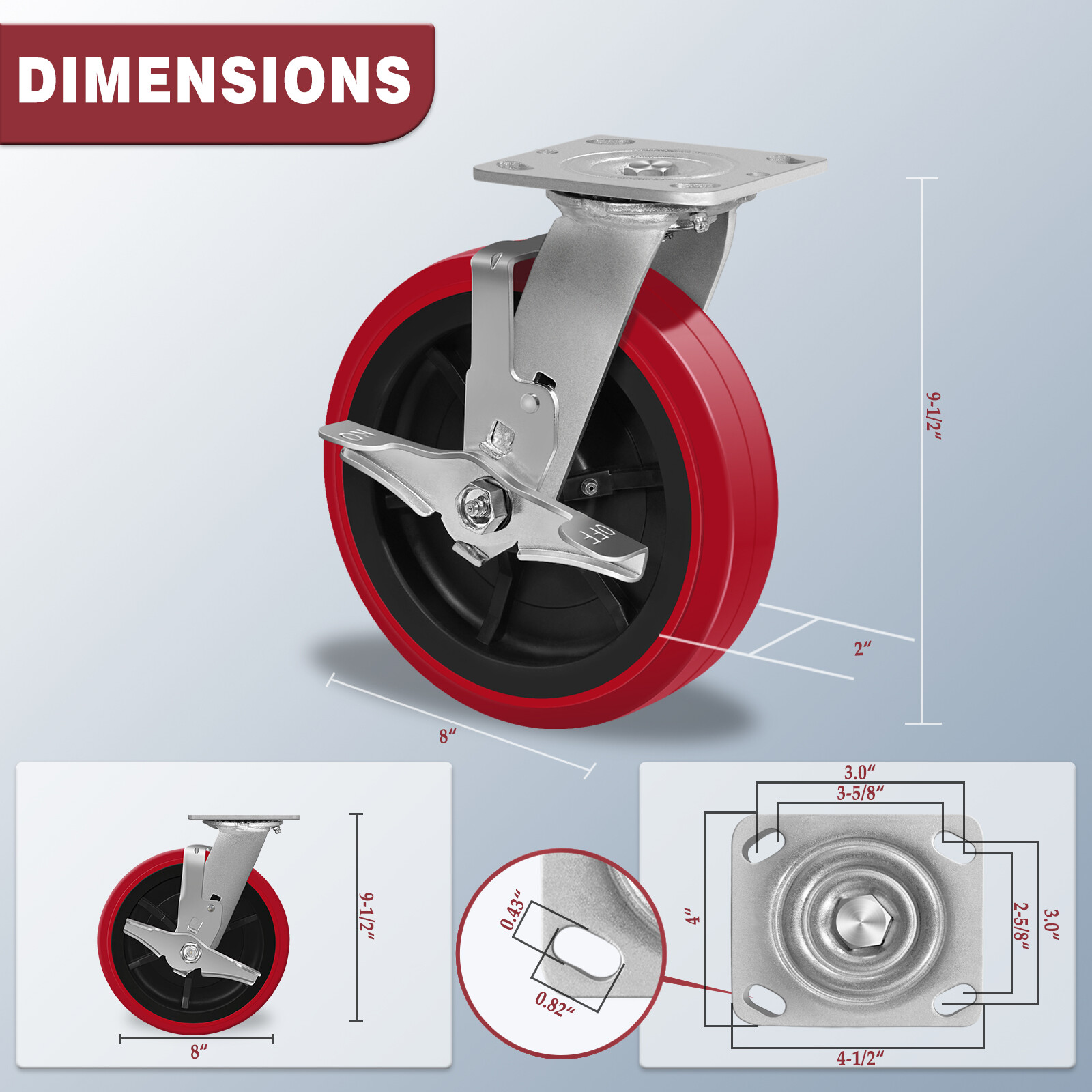 8 Inch Polyurethane Tread Caster Wheels Heavy Duty,Capacity 1200-4800LB