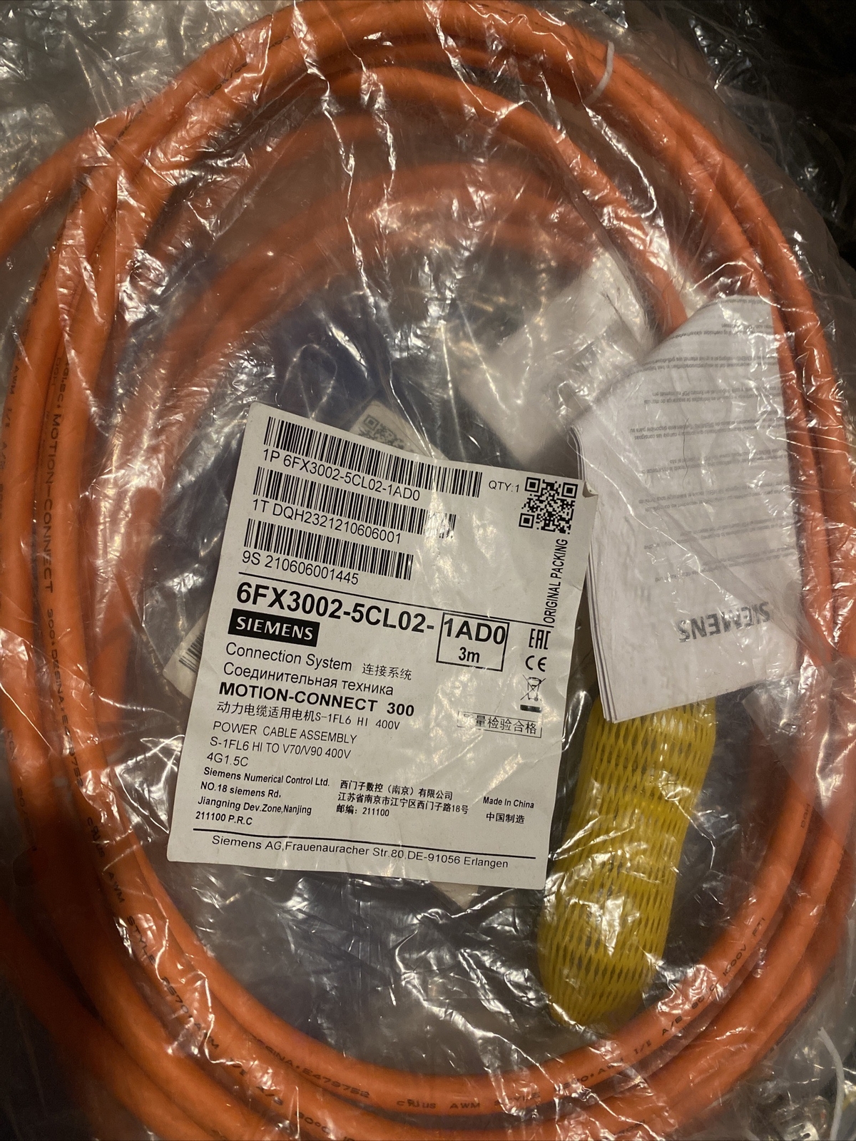 SIEMENS 6FX3002-5CL02-1AD0 V90 Motor High Inertia Power Cable 3 Meters US Stock