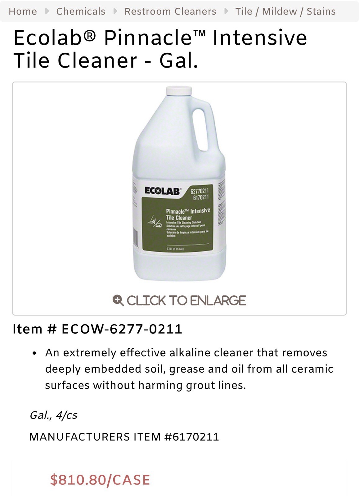 Ecolab Pinnacle Intensive Tile Cleaner 62770211 6170211 1.0 Gal 10/2027 🫧✨