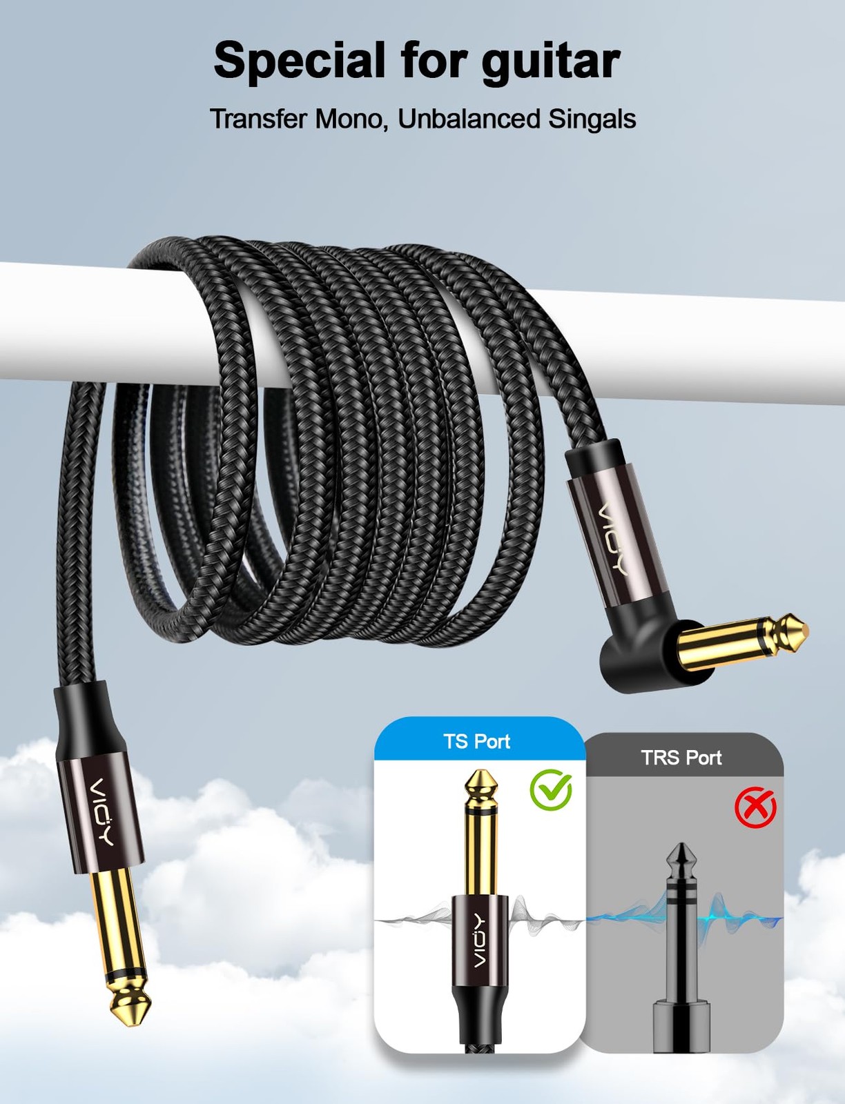 Guitar Cable 15 ft/5 M, Instrument Right Angle Cables, 6.35 mm (1/4) TS 15FT