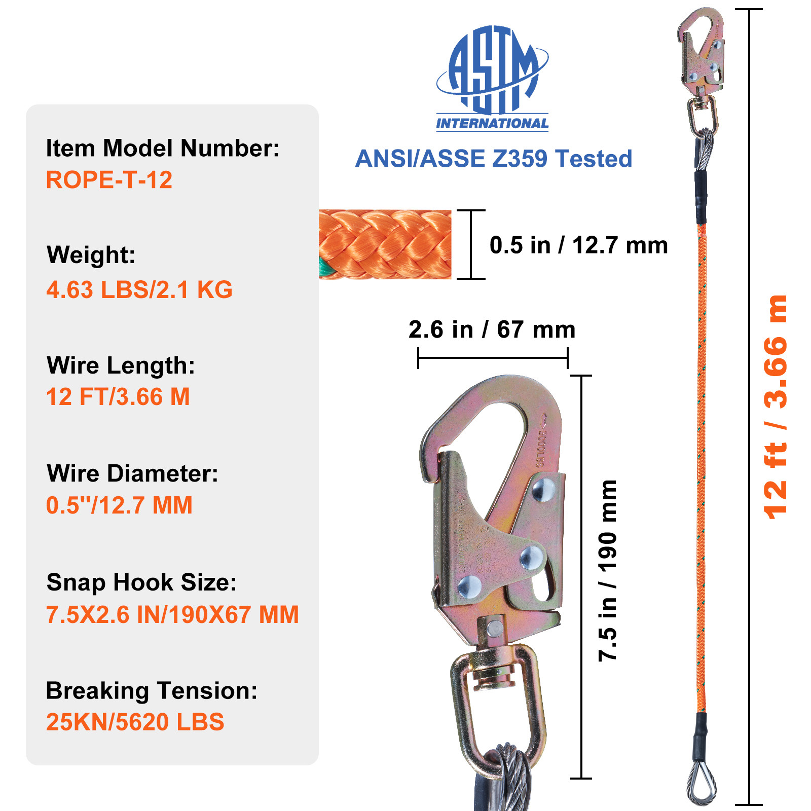 VEVOR Steel Core flipline 1/2″ x 12′ Arborist Flipline for Tree Climbing