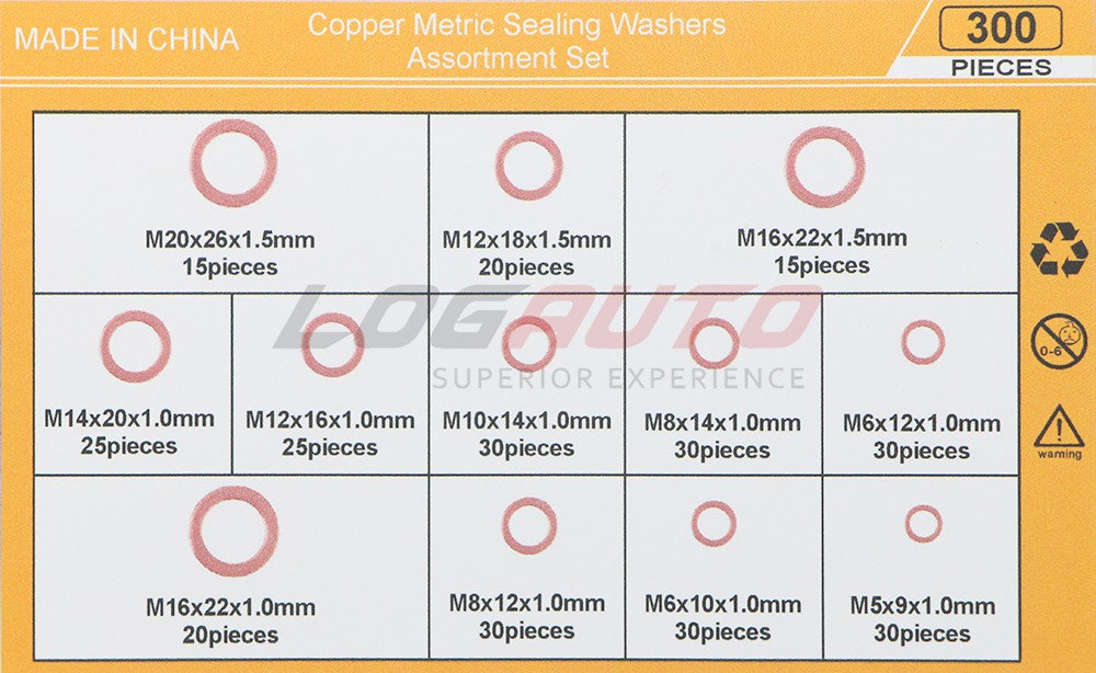 300Pcs Copper Crush Flat Washer Solid Gasket Set Ring Seal M5-M20 Assortment Kit