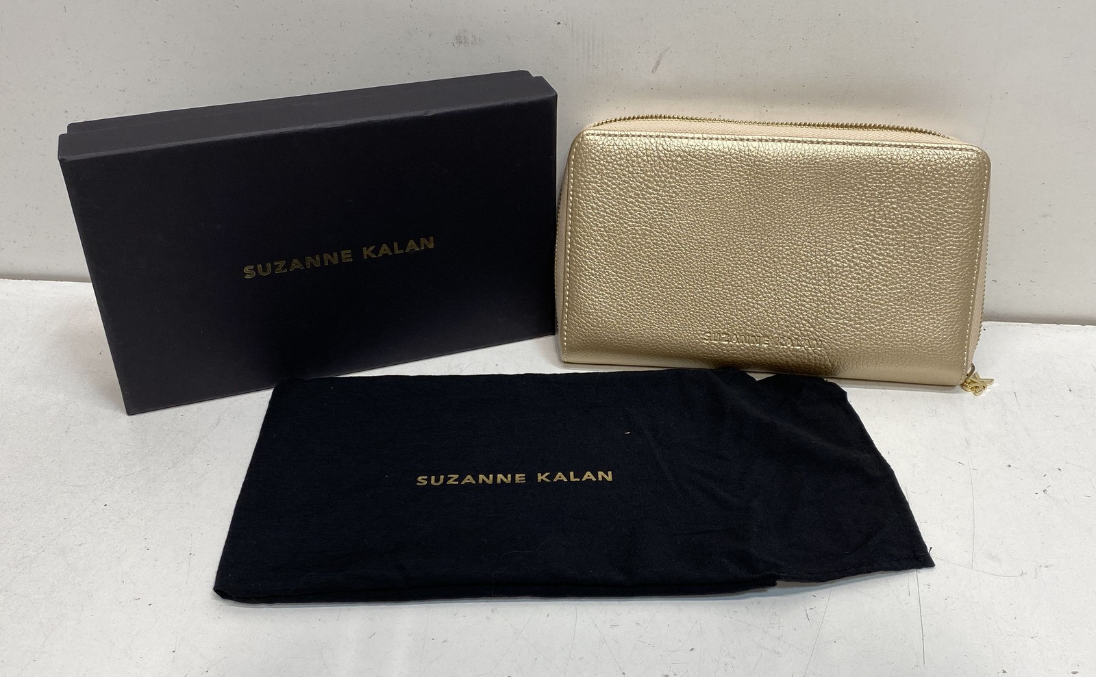 Suzanne Kalan Metallic Gold Pebbled Leather Jewelry Travel Case Set Box Dust Bag