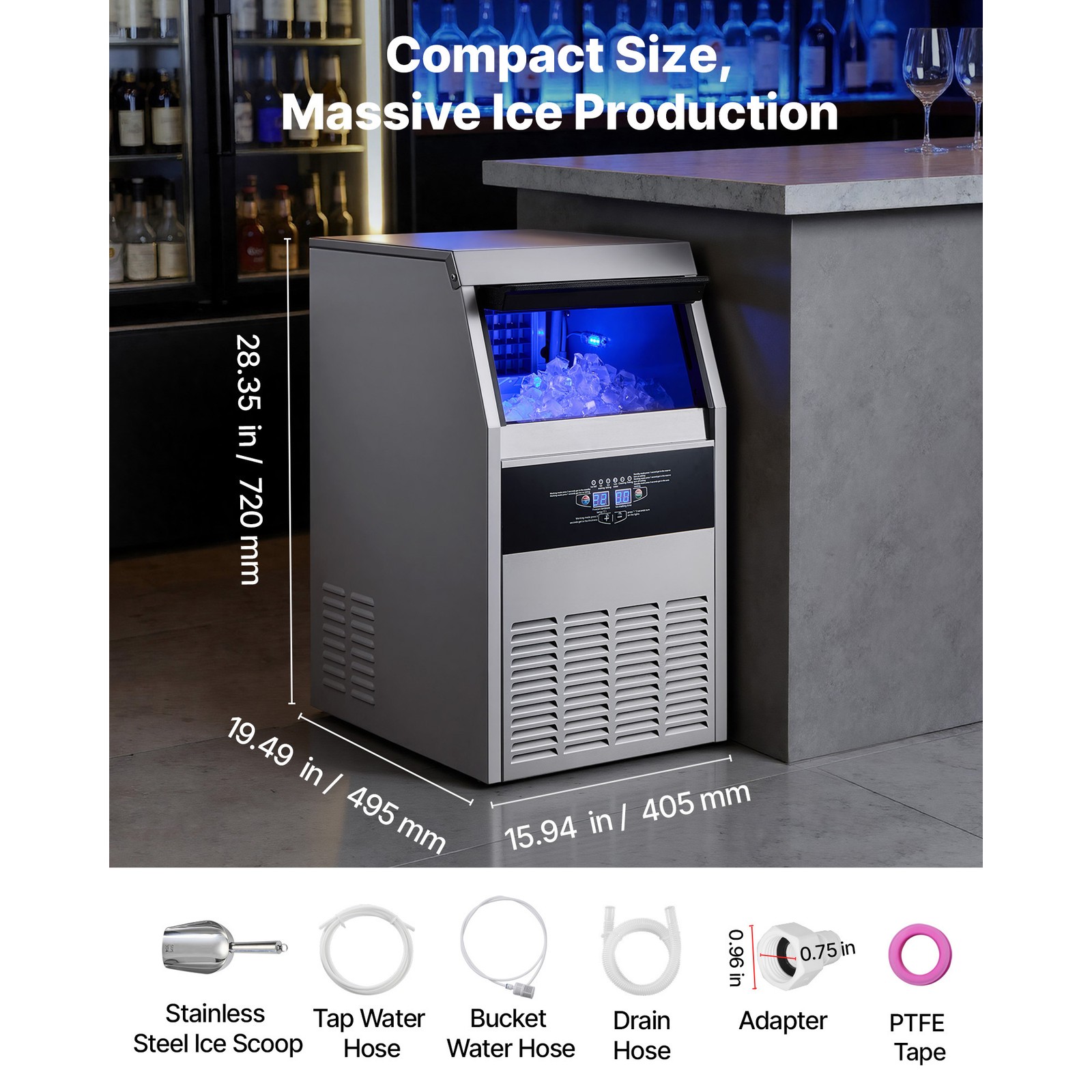 Uimoso 150lbs Commercial Ice Maker Built-in Ice Cube Machine Dual Water Inlet