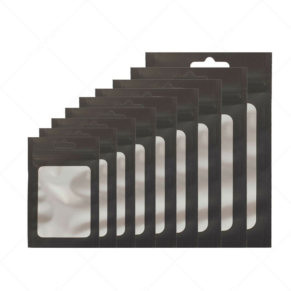 Multi-Size Matte Black Mylar Flat Zip Seal Bag For Storage w/ Window & Hang Hole