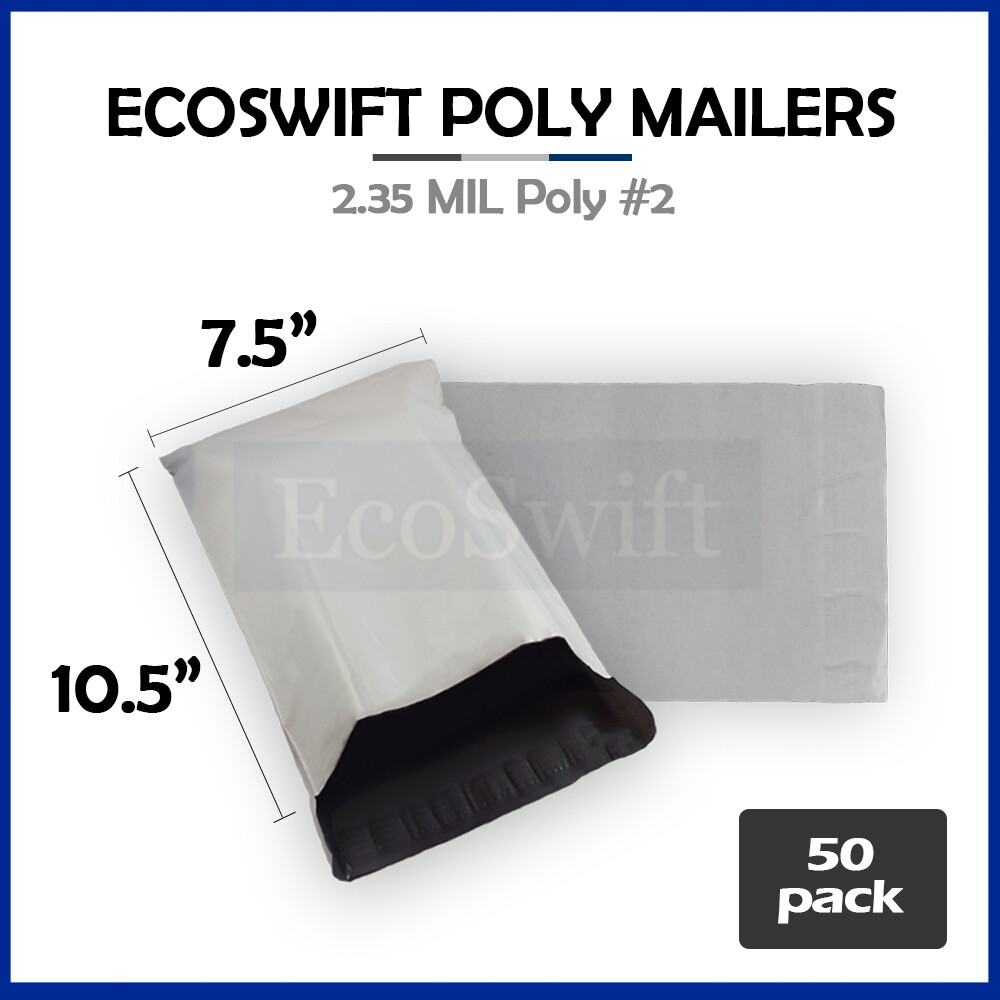 50 7.5 x 10.5 ECOSWIFT WHITE POLY MAILERS SHIPPING ENVELOPES BAGS 2.35 MIL