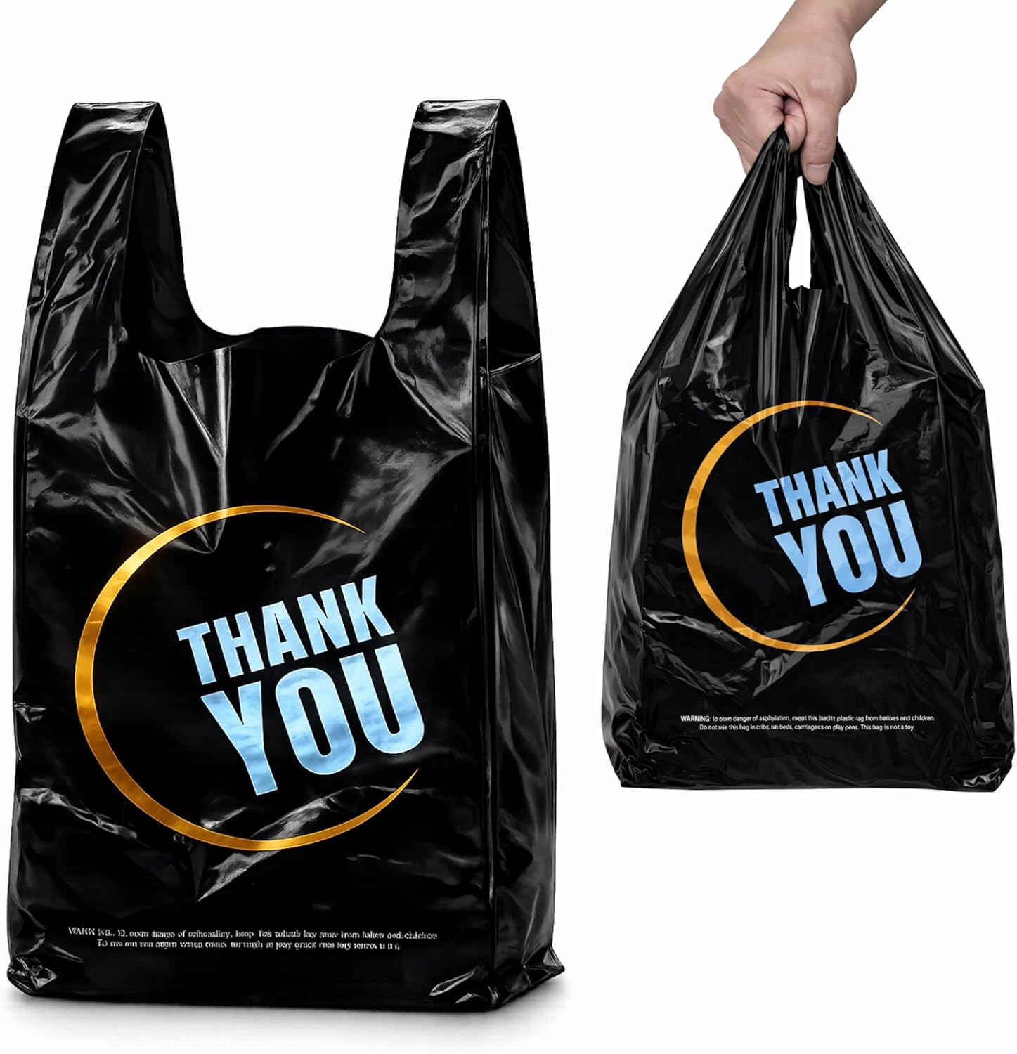 100 Count Plastic Bags – Black T Shirt Bags with Handle for Retail Shopping and