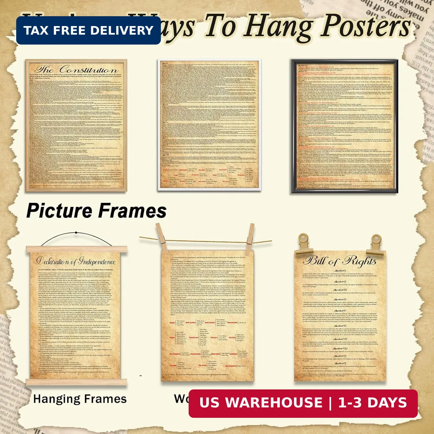 7Pcs American Founding Documents Poster US Constitution with All Amendments, Dec