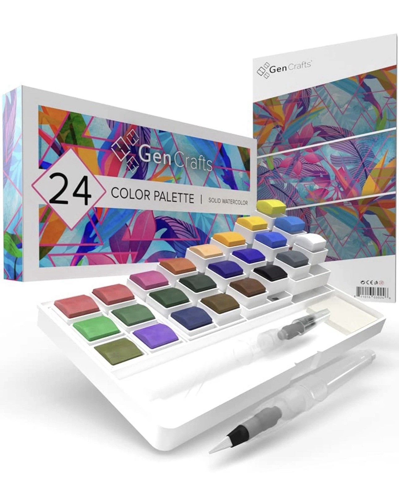 GenCrafts Watercolor Palette with Paper Pad 24 Premium Colors – 2 Refilable W…