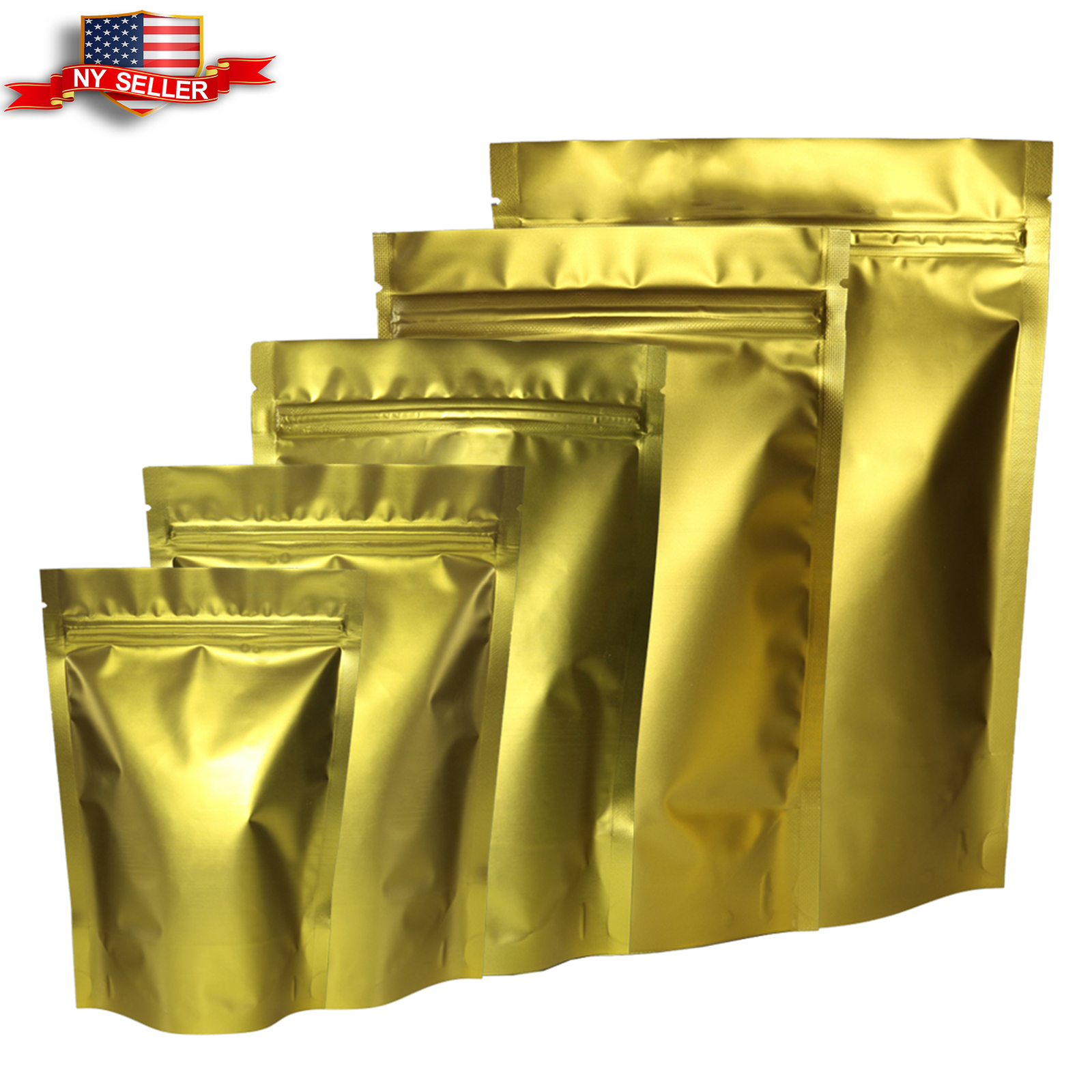 Variety of Sizes for 100pcs Matte Gold Metallized Foil Stand-Up Zipper Bags