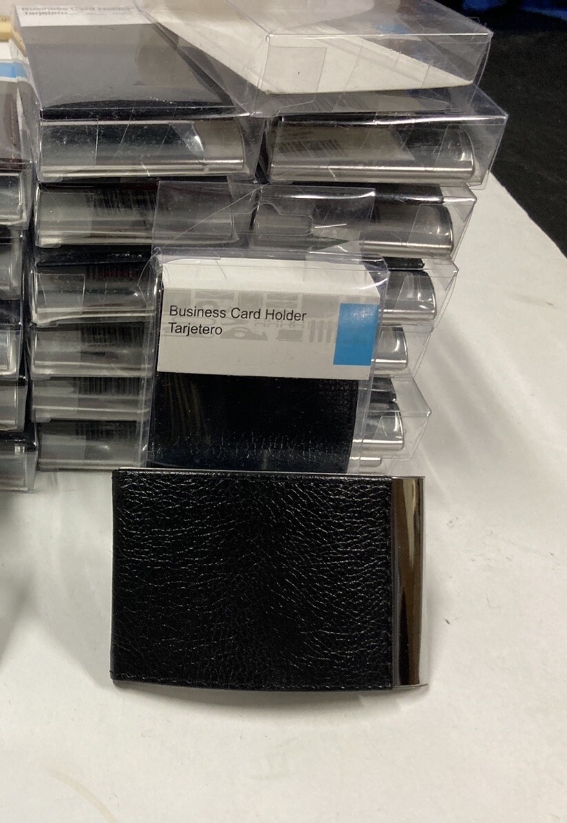 Business Card Holder Flip Top Magnetic Close Metal Case Black Faux Leather