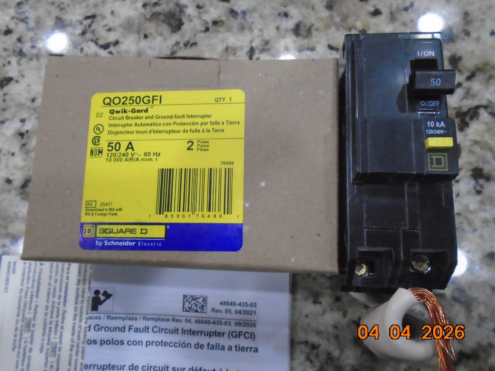 SQUARE D QO250GFI 50AMP DOUBLE POLE GFCI GROUND-FAULT CIRCUIT BREAKER NEW IN BOX