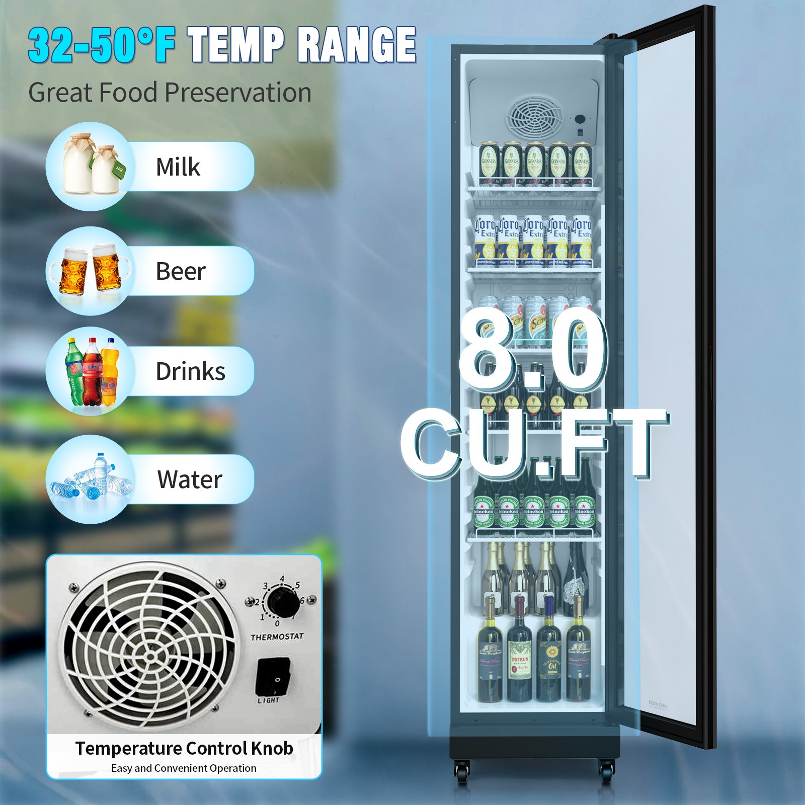8 Cu.Ft. Commercial One Glass Door Display Upright Beverage Refrigerator Cooler