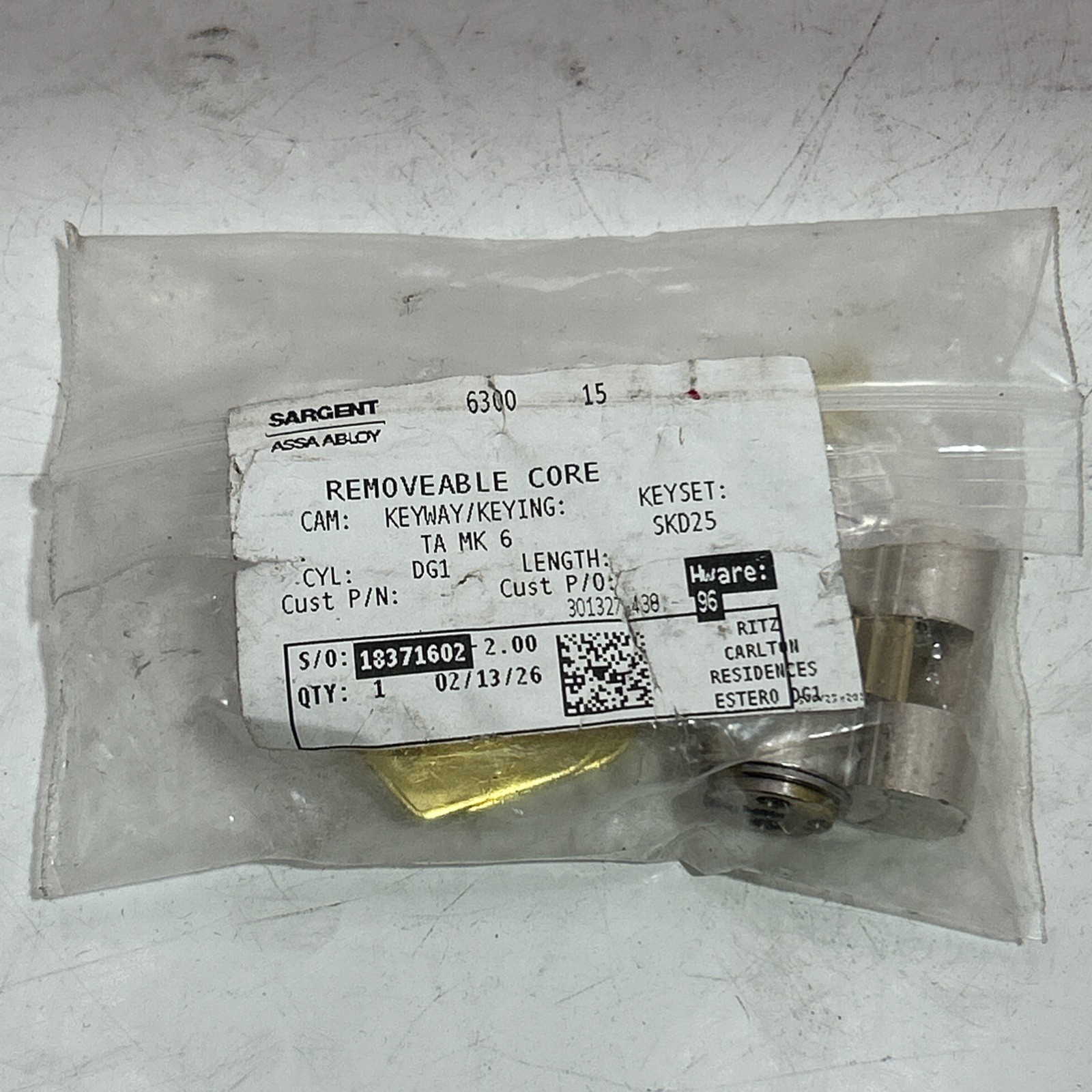Sargent Assa Abloy Removable Core Large Format Cam Cylinder DG1 W/2keys