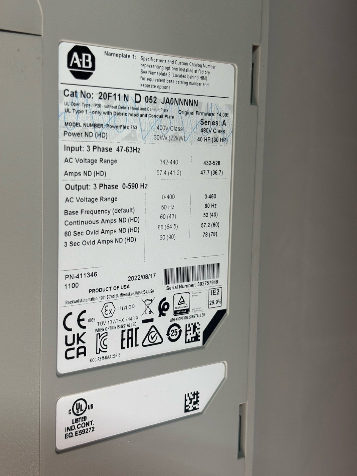 40Hp 20F11ND052JA0NNNNN ALLEN BRADLEY Powerflex 753 /low Hrs/ Tested / MFG 2022