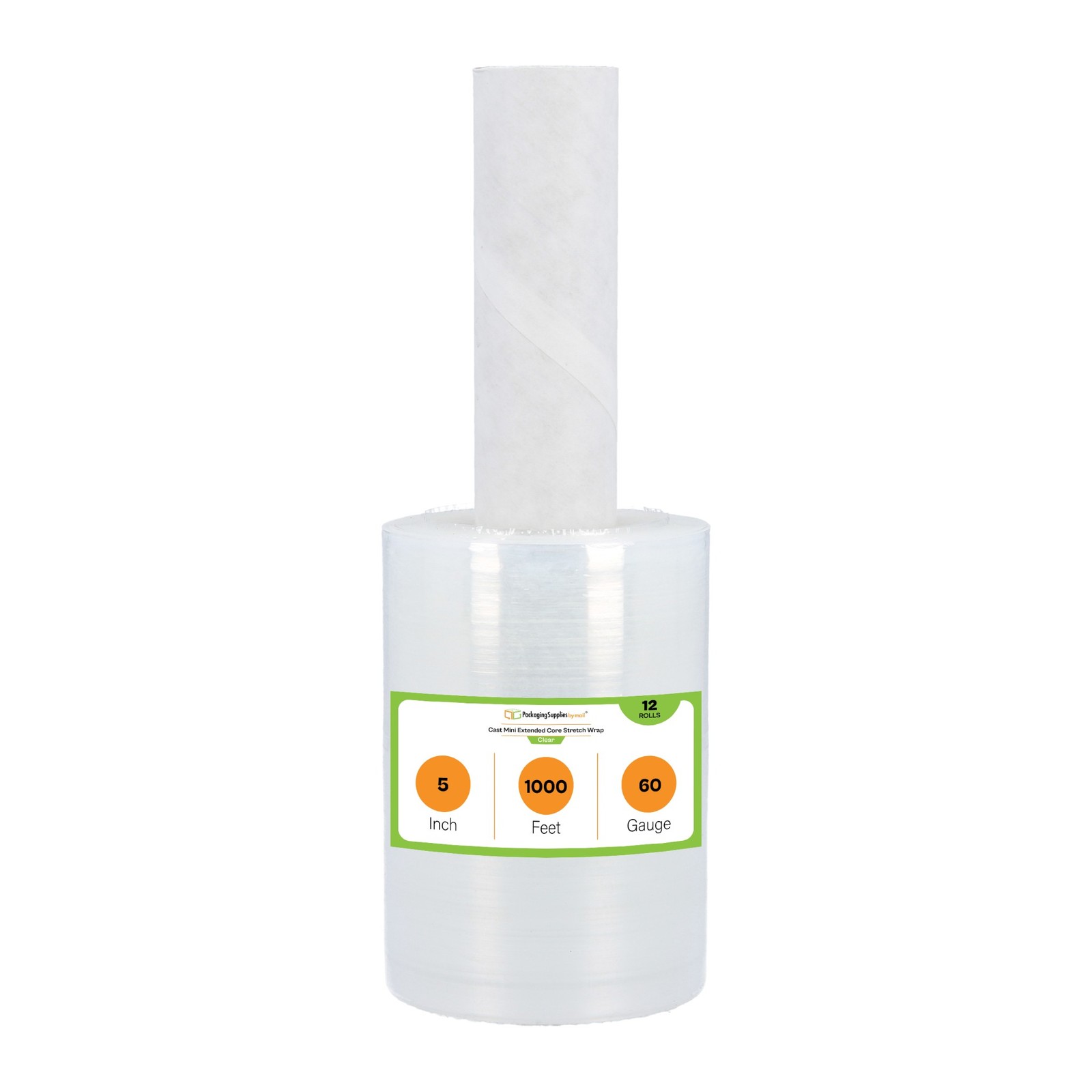 12 Rolls 5″x1000′ 60 Ga Extended Core Clear Stretch Wrap Banding Film w/ Handle