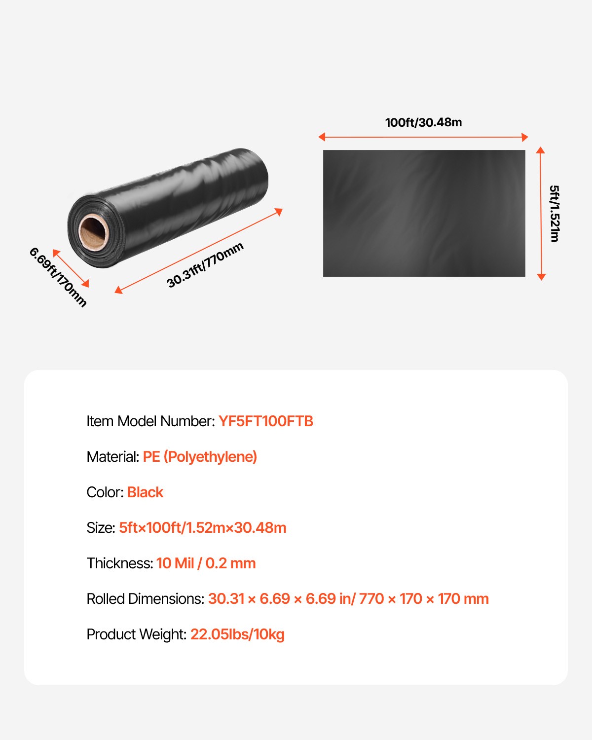 10Mil Plastic Sheeting Roll 5 x 100 FT Heavy Duty Polyethylene Black