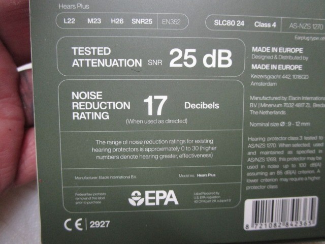 Hears Pine Green Premium earplugs Noise Reduction 17 decibels 25 dB NIB