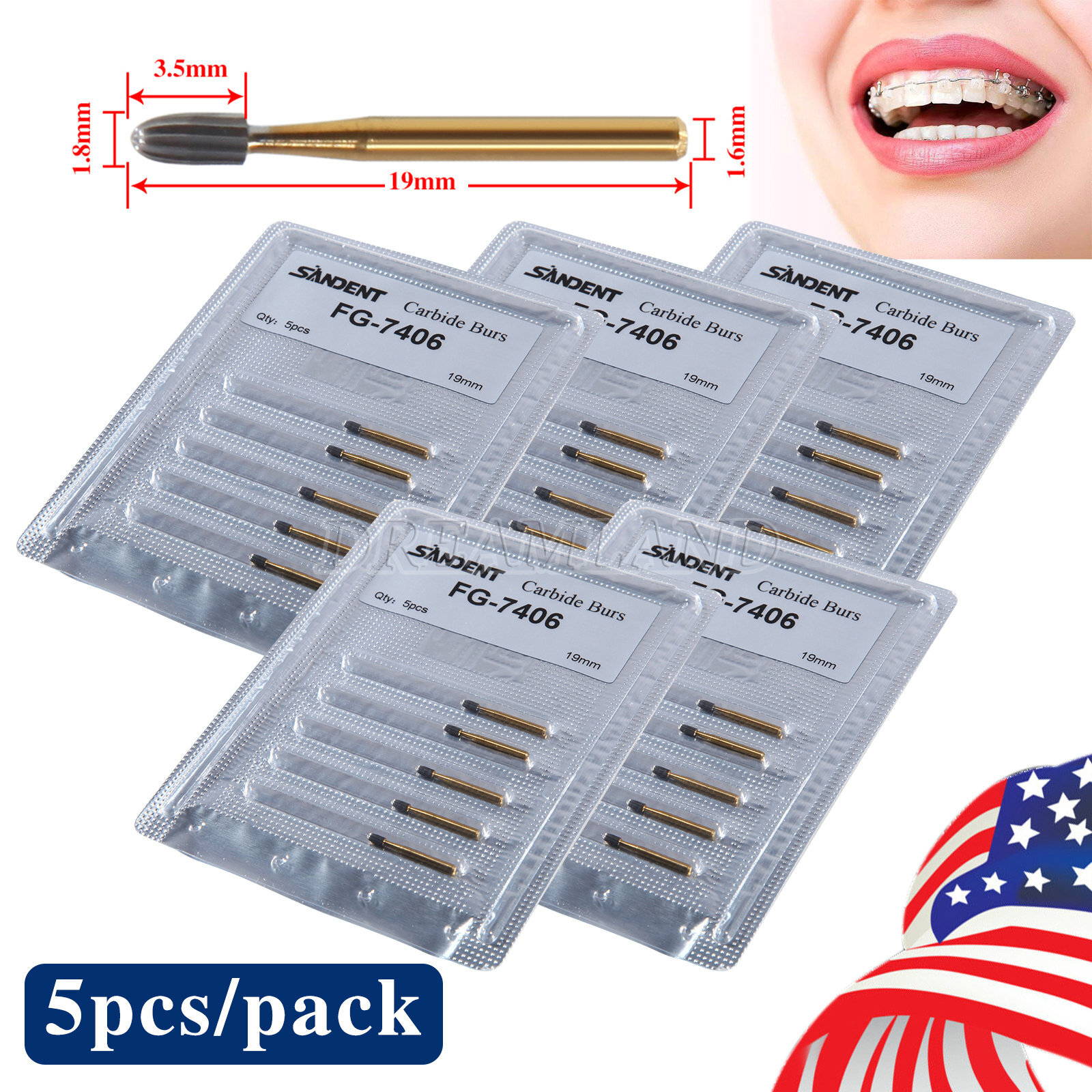 5 packs Dental Tungsten Carbide Burs Trimming & Finishing Egg Football FG 7406