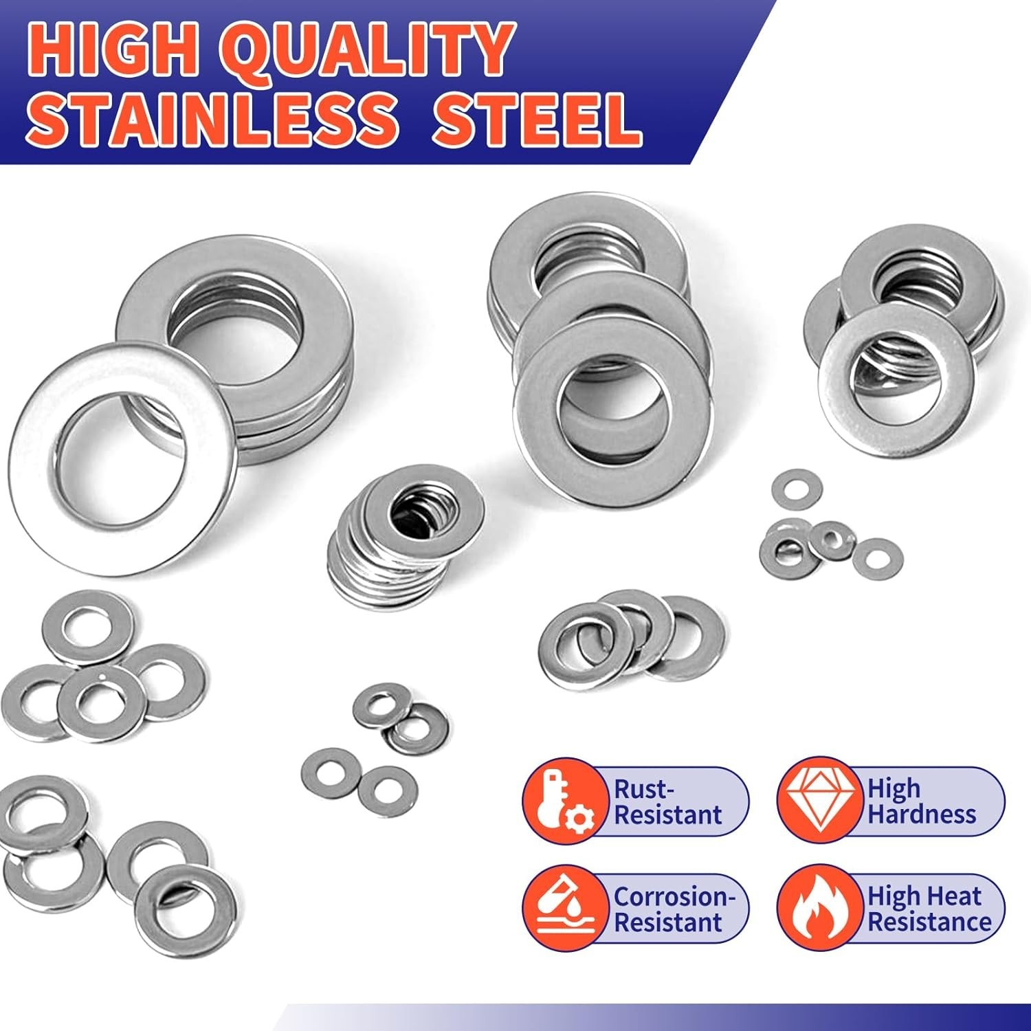 1100 Pcs Flat Washers Assortment Kit-304 Stainless Steel, 9 Metric Size (M2–M12)