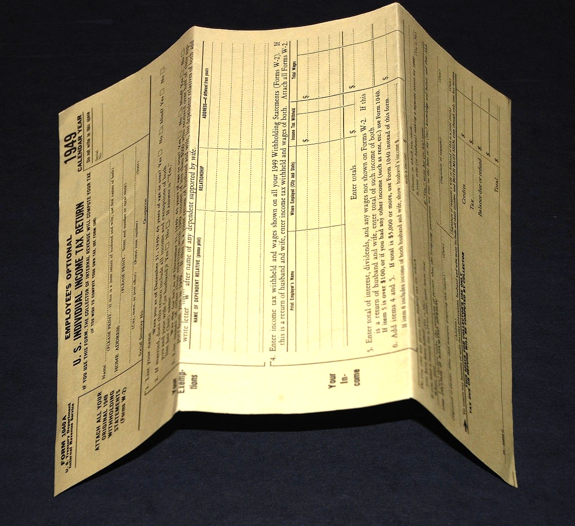 United States U.S. INDIVIDUAL INCOME TAX RETURN Form 1040A Unused IRS VTG 1949