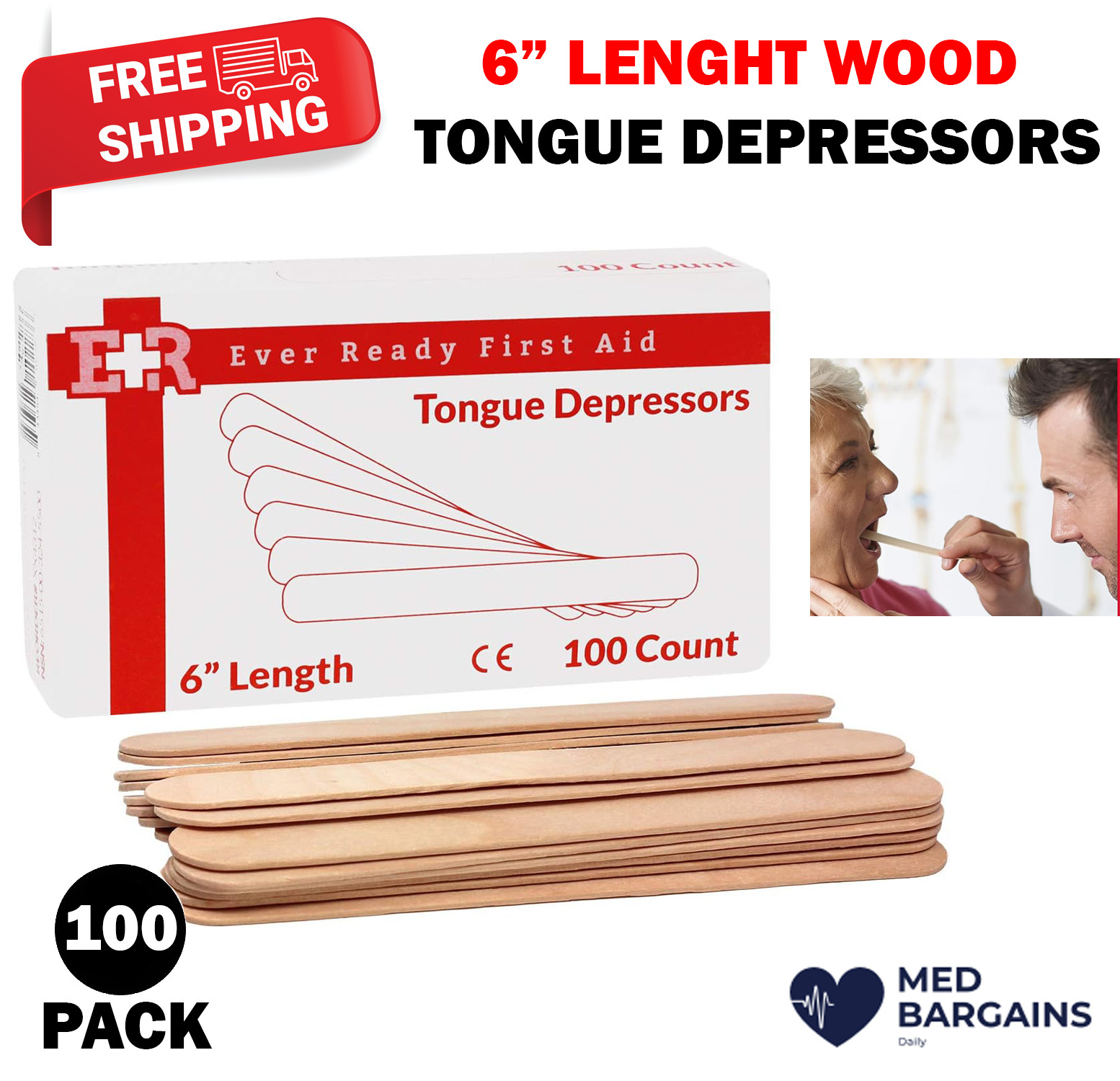 Ever Ready First Aid Medical 6″ Wood Tongue Depressors Adults Children – 100CT