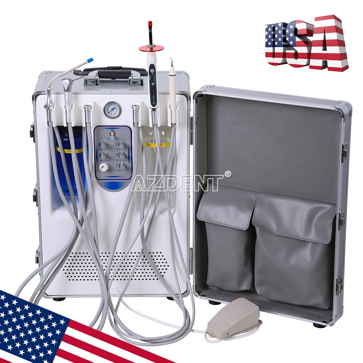 Portable Dental Mobile Delivery Unit Rolling Case 4Holes Compressor Curing Light