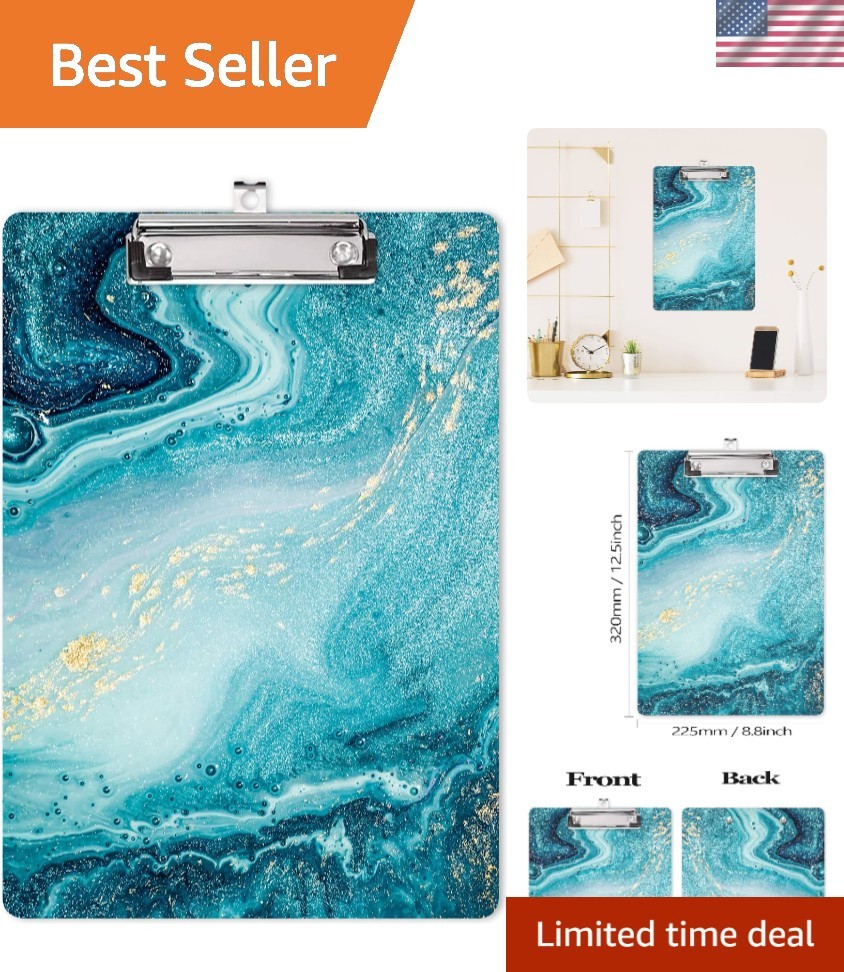 Durable 9×12.5 in Teal Marble Clipboard with Low Profile Clip, Cute Design