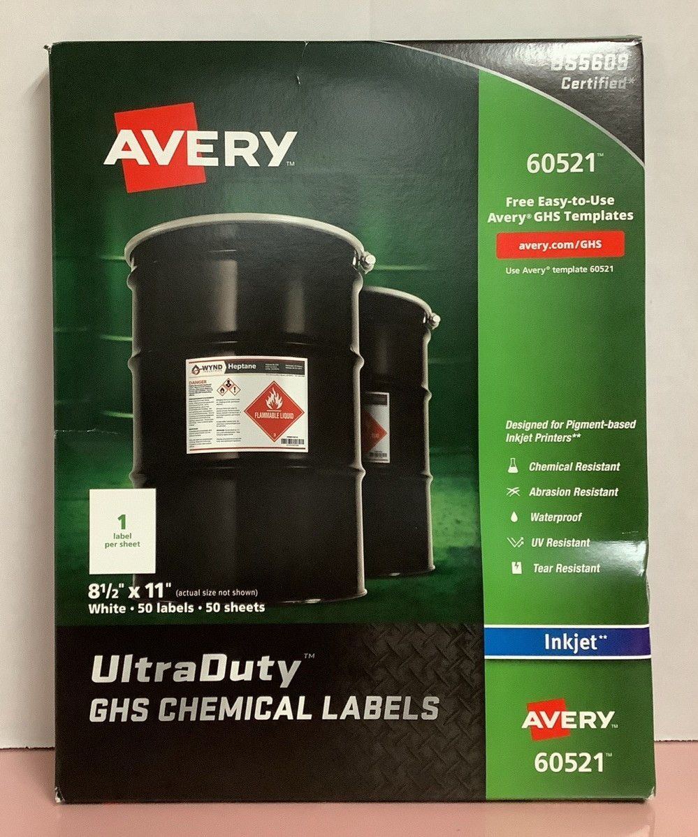pack of 50 AVERY 60521 Ultra Duty GHS Chemical Labels 8-1/2″ x 11″ Inkjet