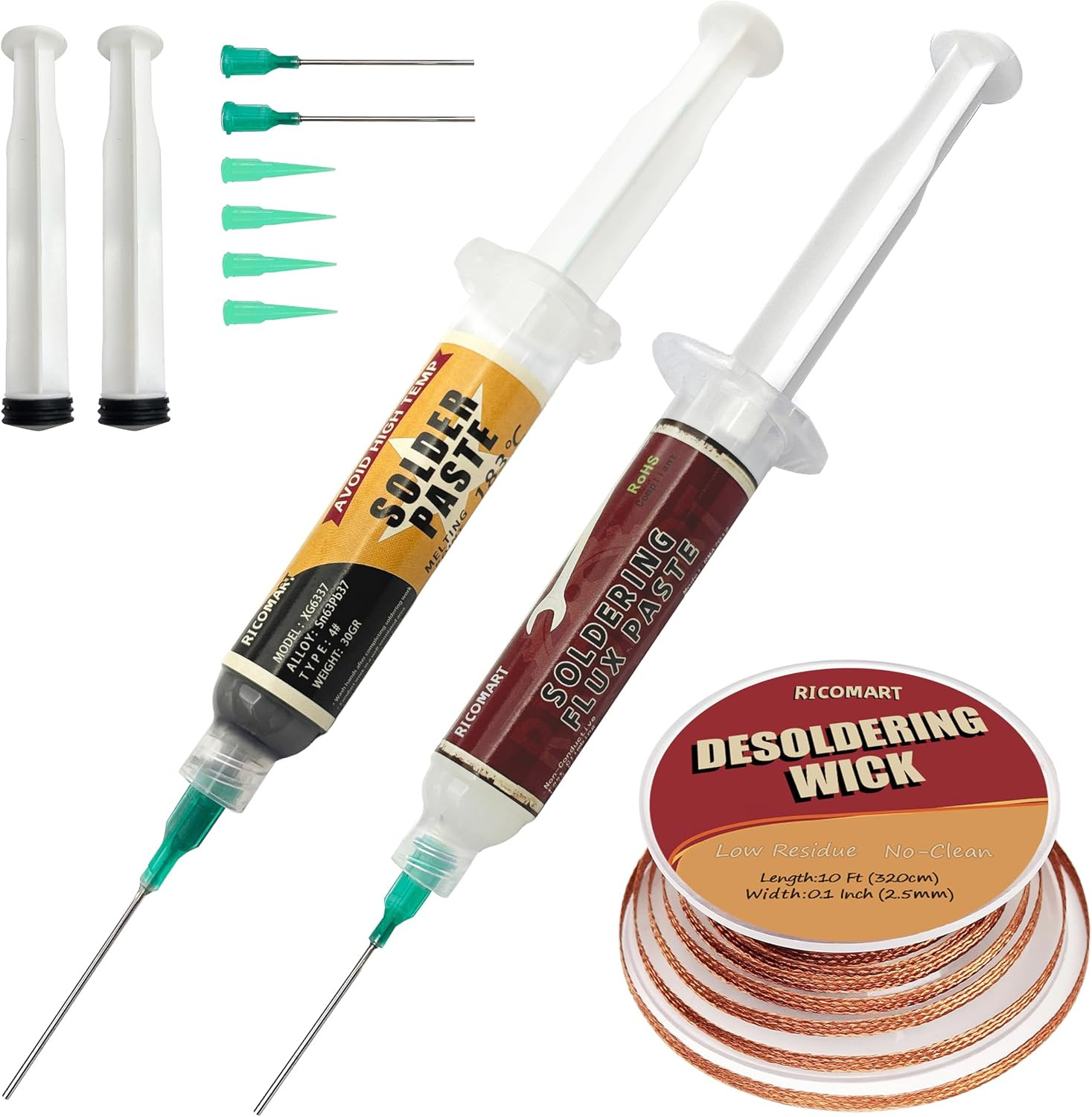 Solder Paste 30G & Desoldering Wick and No Clean Solder Flux for Electronics