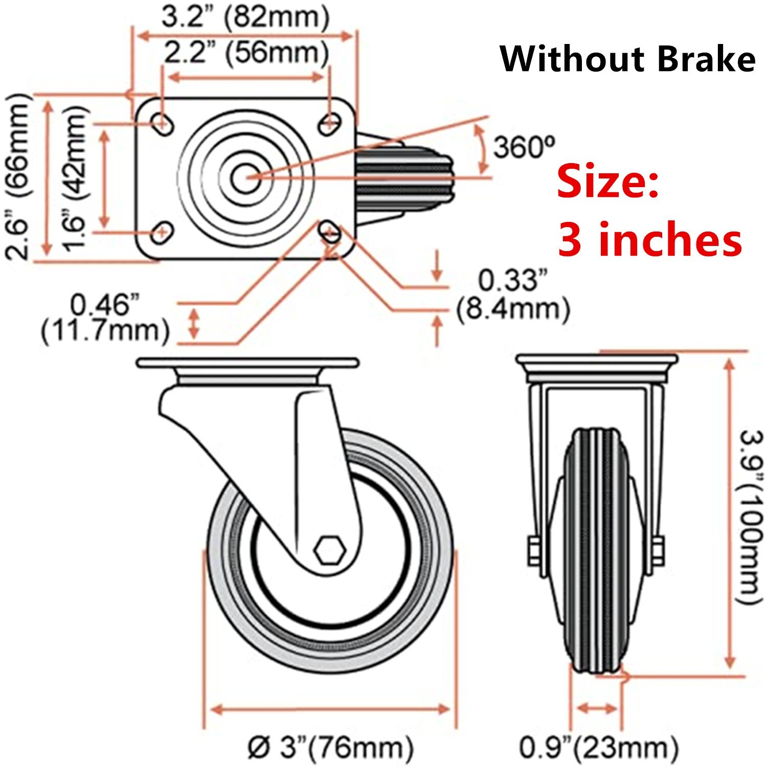 4-8 Pk of 2″ & 3″ Swivel Caster Wheels Rubber Base Top Plate Bearing Heavy Duty