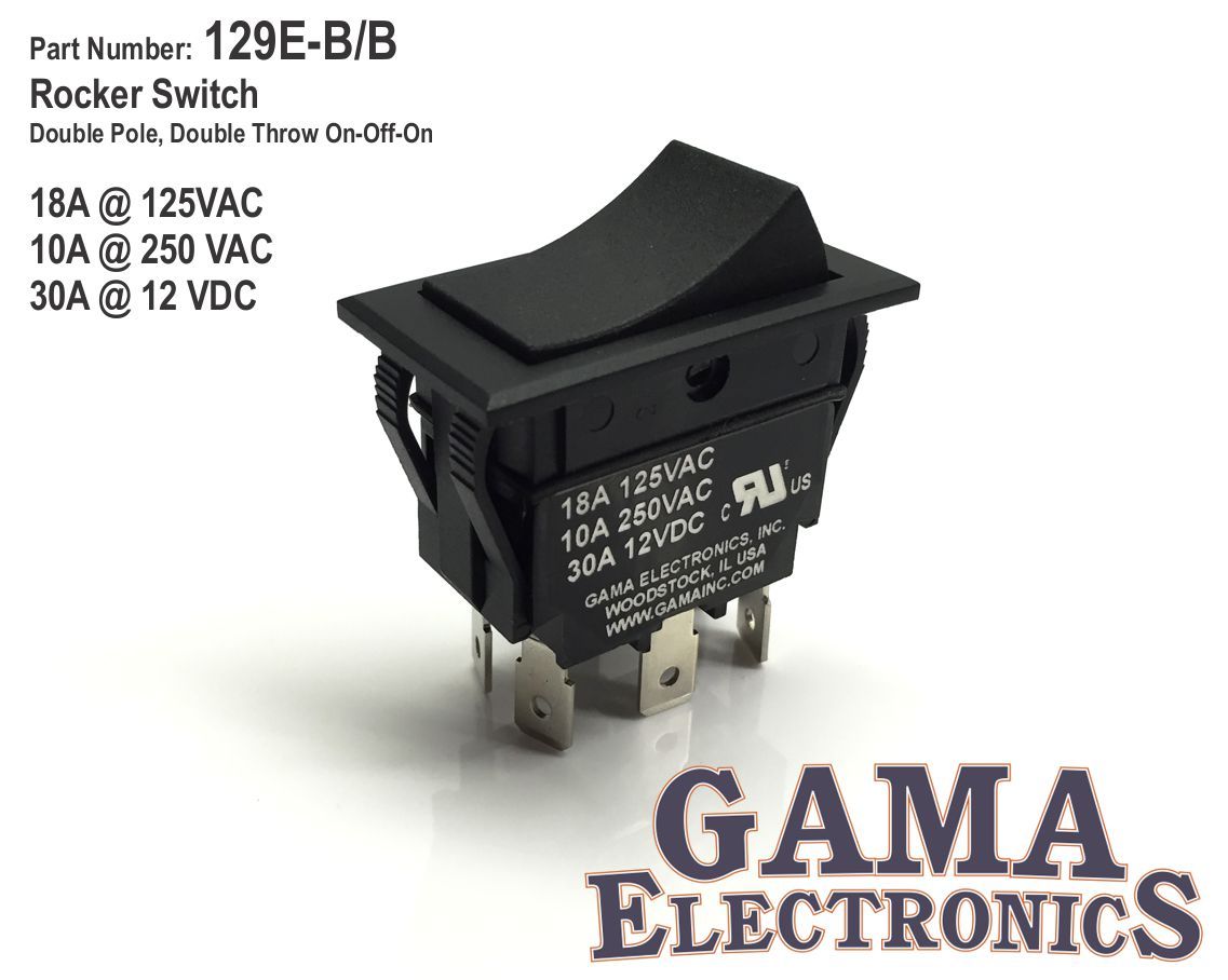 30 Amp DPDT Double Pole Double Throw On-Off-On Rocker Switch – 129E-B/B