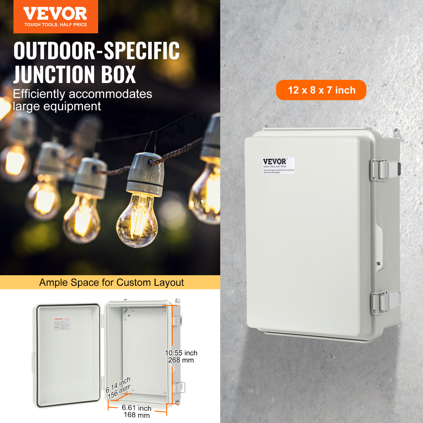 VEVOR Outdoor Junction Box 11.81×7.87×7.08 in ABS Plastic Electrical Enclosure