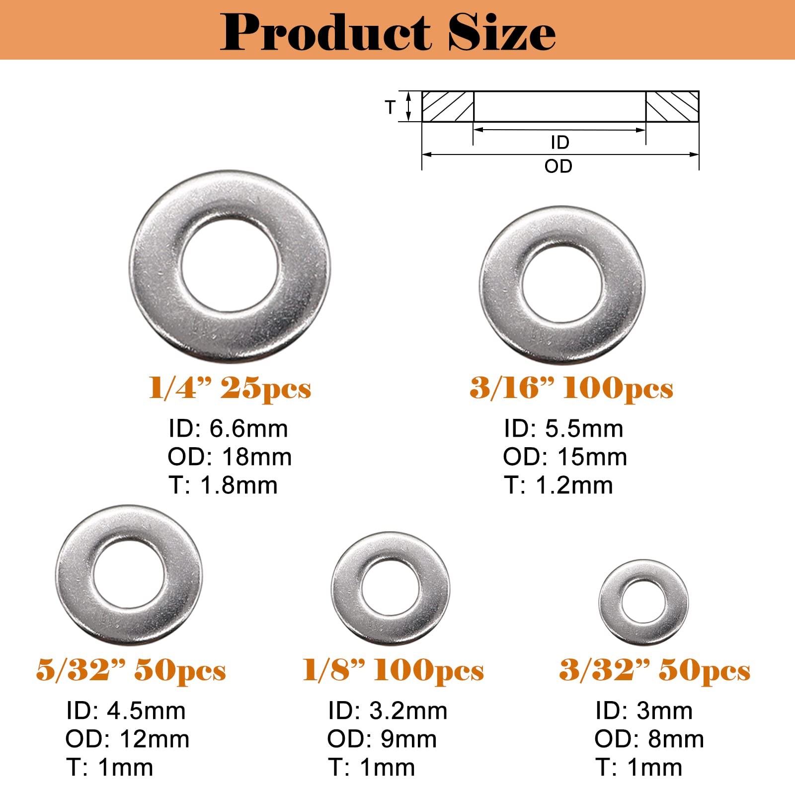 Sunxeke 325pcs Stainless Steel Washers for Blind Pop 0.25 inches, Silver
