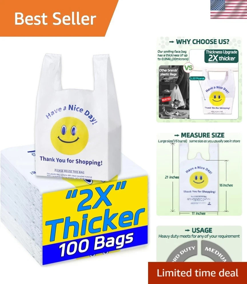 100 White Heavy Duty Thank You Plastic T-Shirt Shopping Bags, 0.8 Mil 11x6x21″