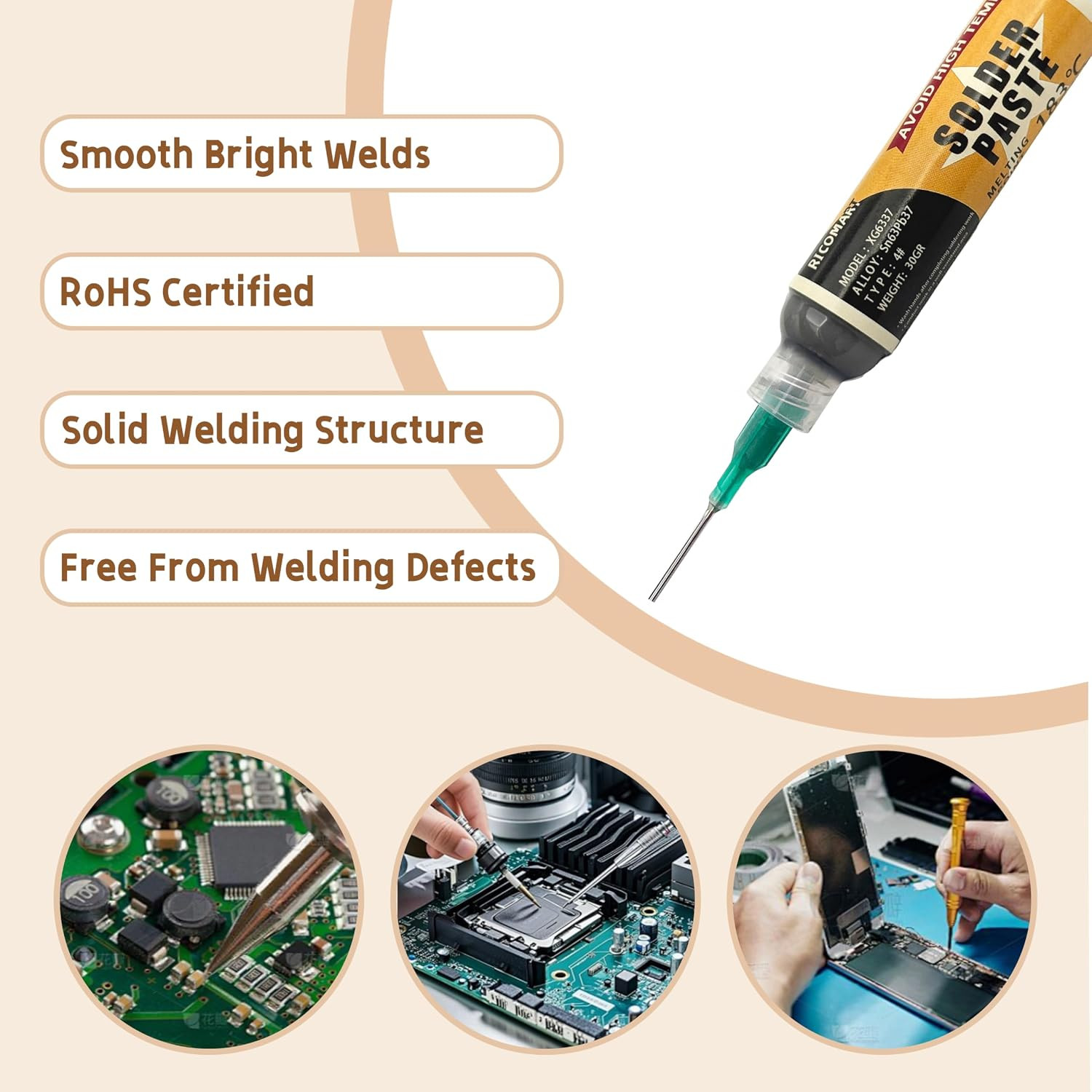 Solder Paste 30G & Desoldering Wick and No Clean Solder Flux for Electronics