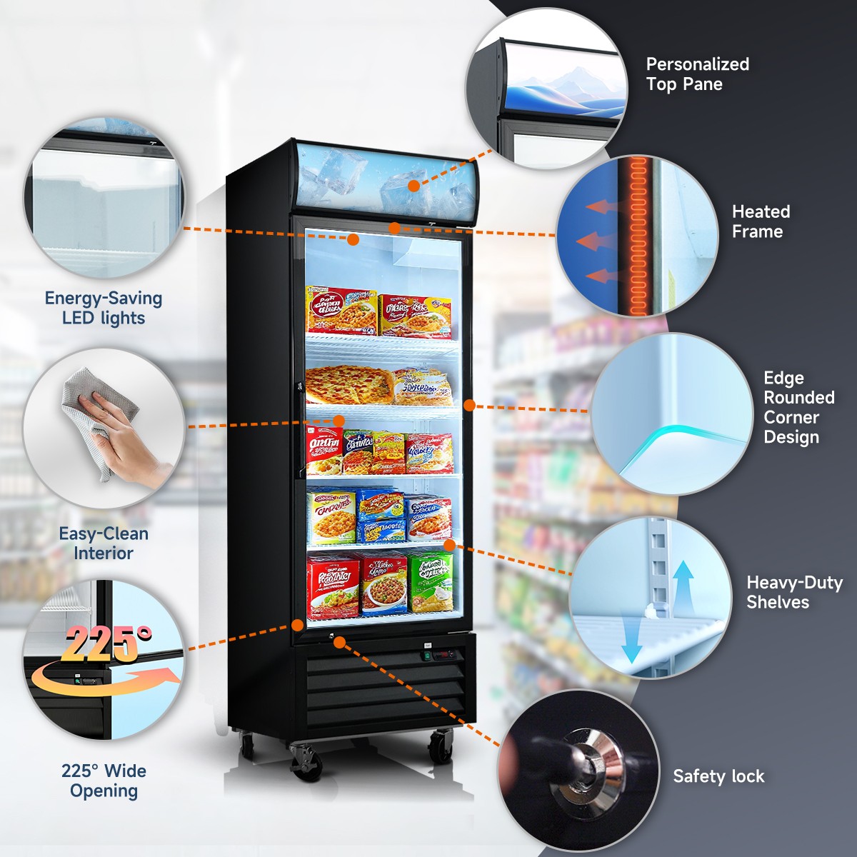 16 Cu.Ft Single Door Commercial Upright Display Freezer -8 to -1℉ Auto Defrost