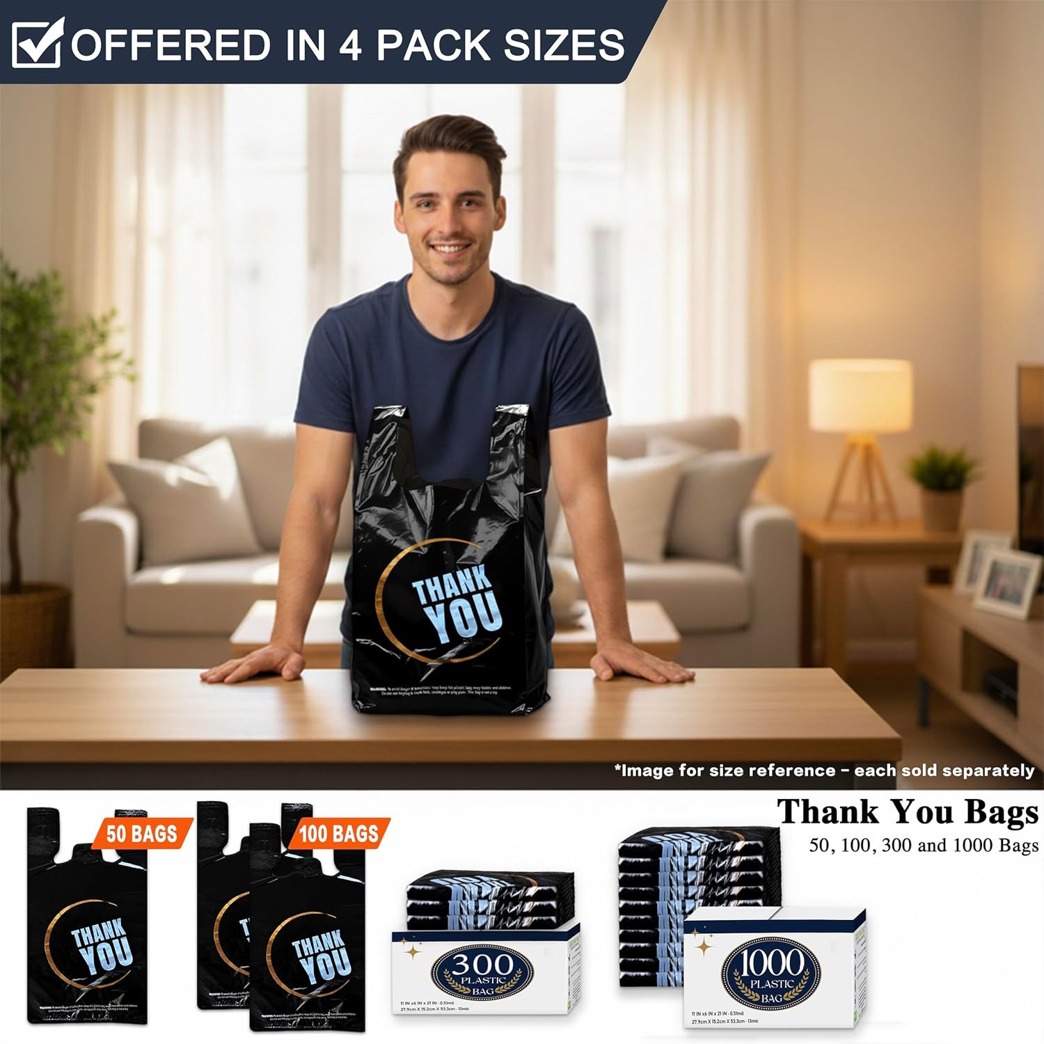 100 Count Plastic Bags – Black T Shirt Bags with Handle for Retail Shopping and