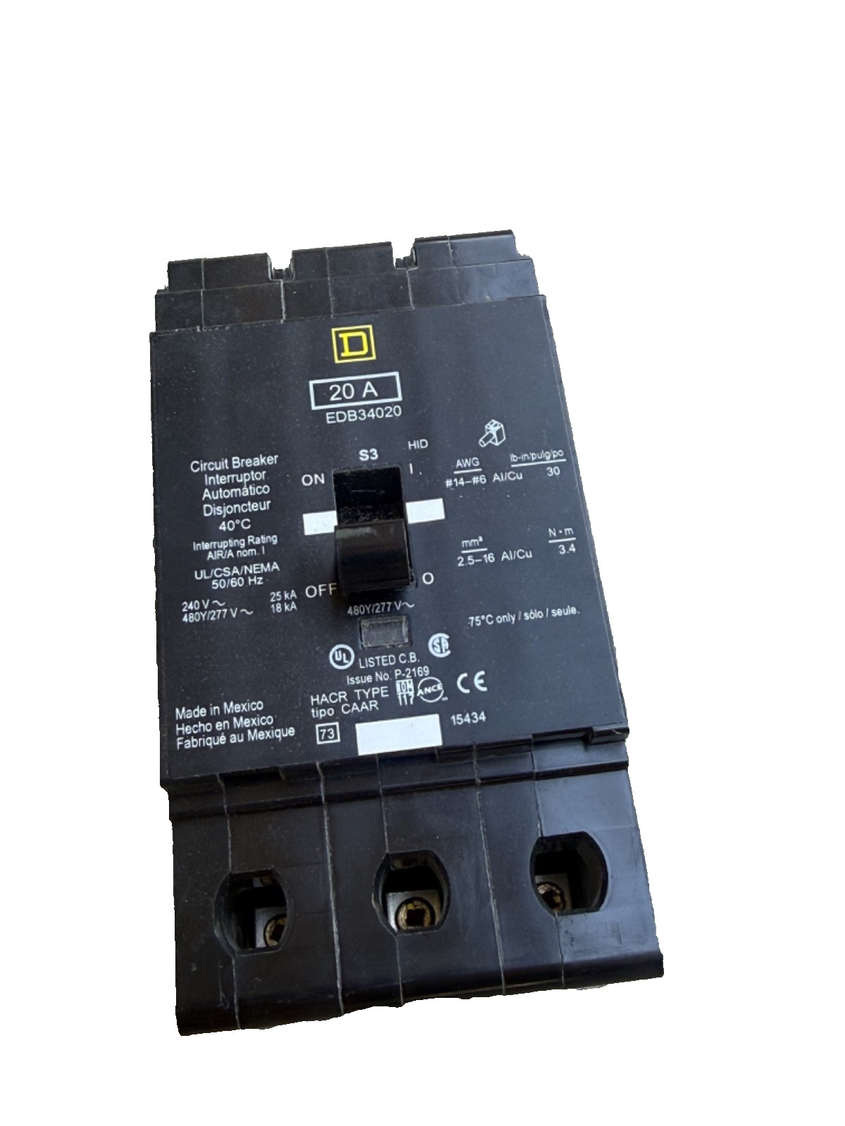 Square D EDB34020 3p 480v 20a 18k NF Bolt In Circuit Breaker NICE USED