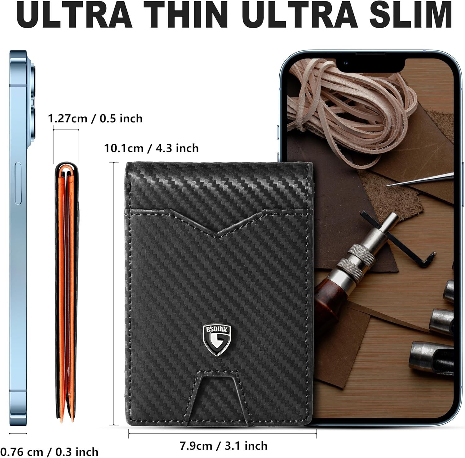 Mens Slim Leather Wallet Carbon Fiber RFID Blocking Money Clip Card Holder