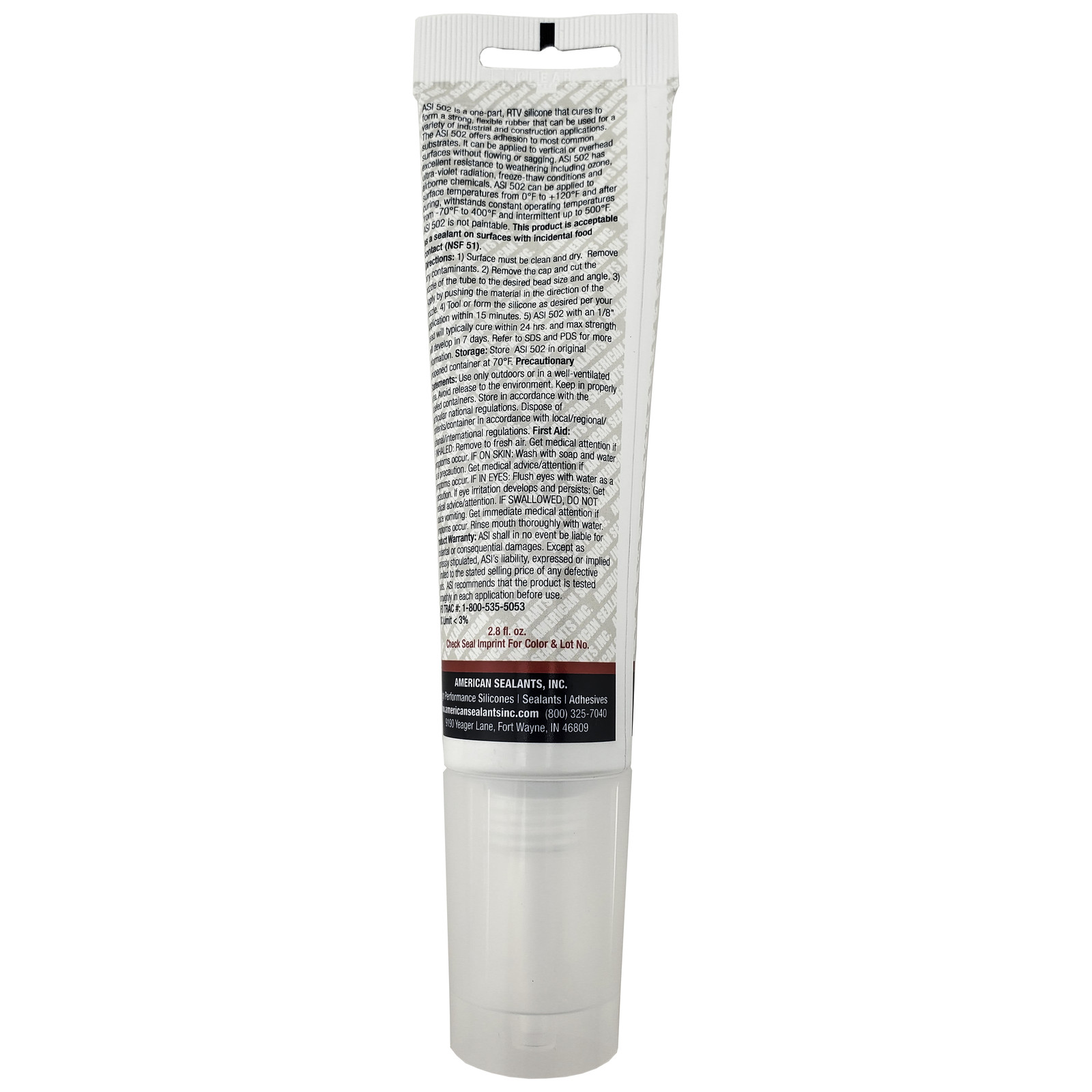 ASI 502 Clear Food Grade 100% RTV Silicone Sealant – 2.8 Oz Squeeze Tube