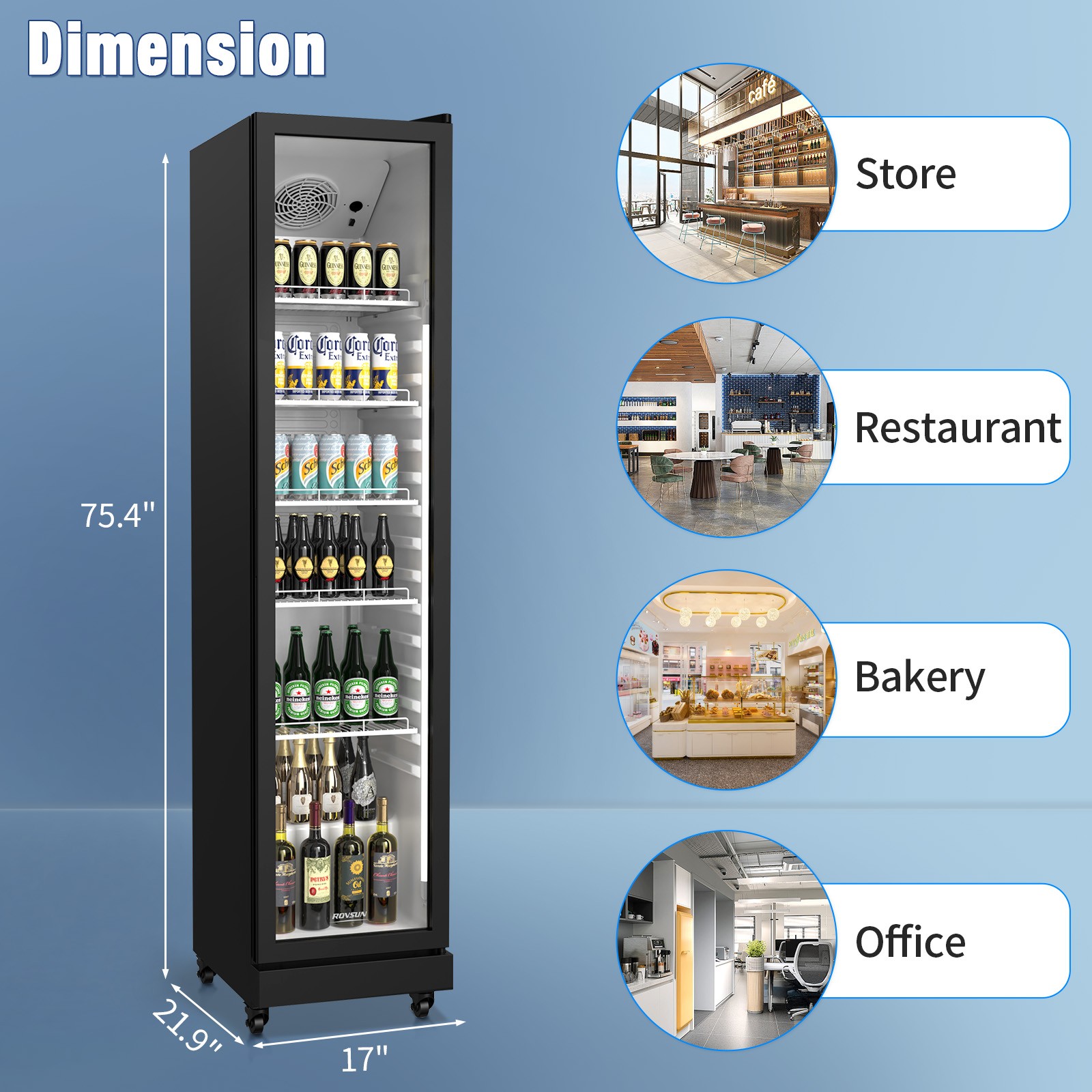 8 Cu.Ft Commercial Beverage Refrigerator, Slim Merchandiser Display Refrigerator