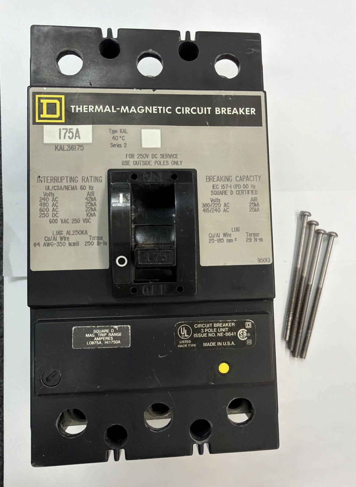 Square D 175A 3 Phase Pole Breaker 600V KAL36175 Line Load Lugs 175 Amp