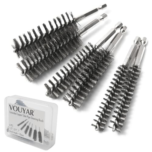 6pc Extended Copper Pipe Cleaning Brush Set for Power Drill – Stainless Steel