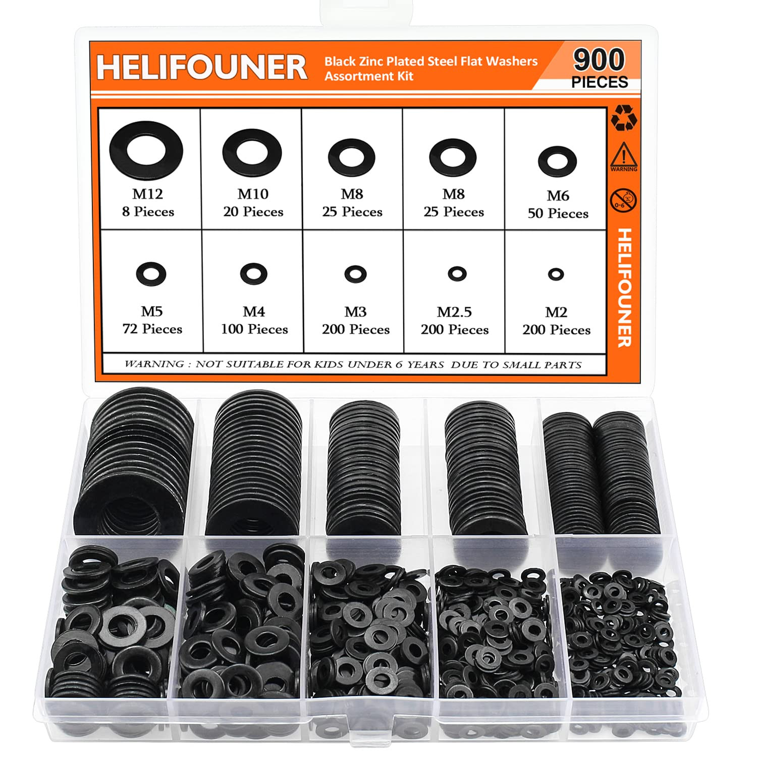 900 Pieces Black Zinc, Flat Washers Assorted Kit, Flat Washers, Metric Washers,