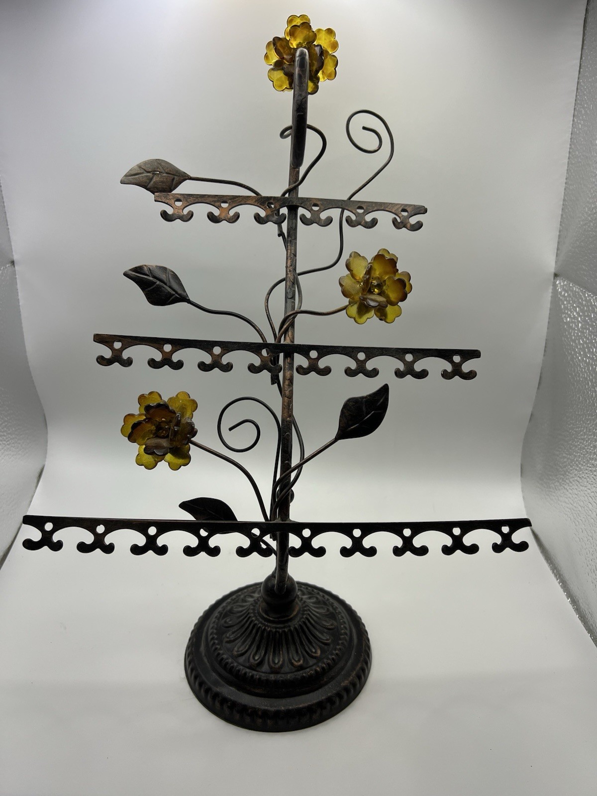 Metal Jewelry Earring Holder Amber Flowers Display Stand 24 Hole 13.5″x9.5″x4.5″