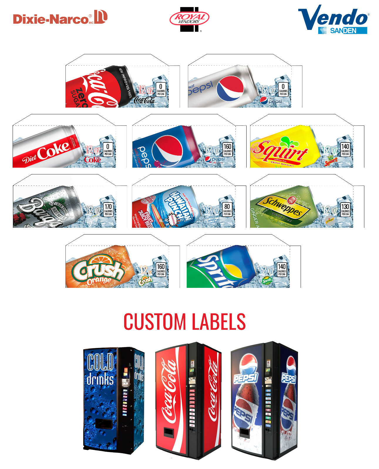 (10) Dixie Narco 501e 12 oz «CAN» Vend Labels – Flavor Strips -VARIETY PACK