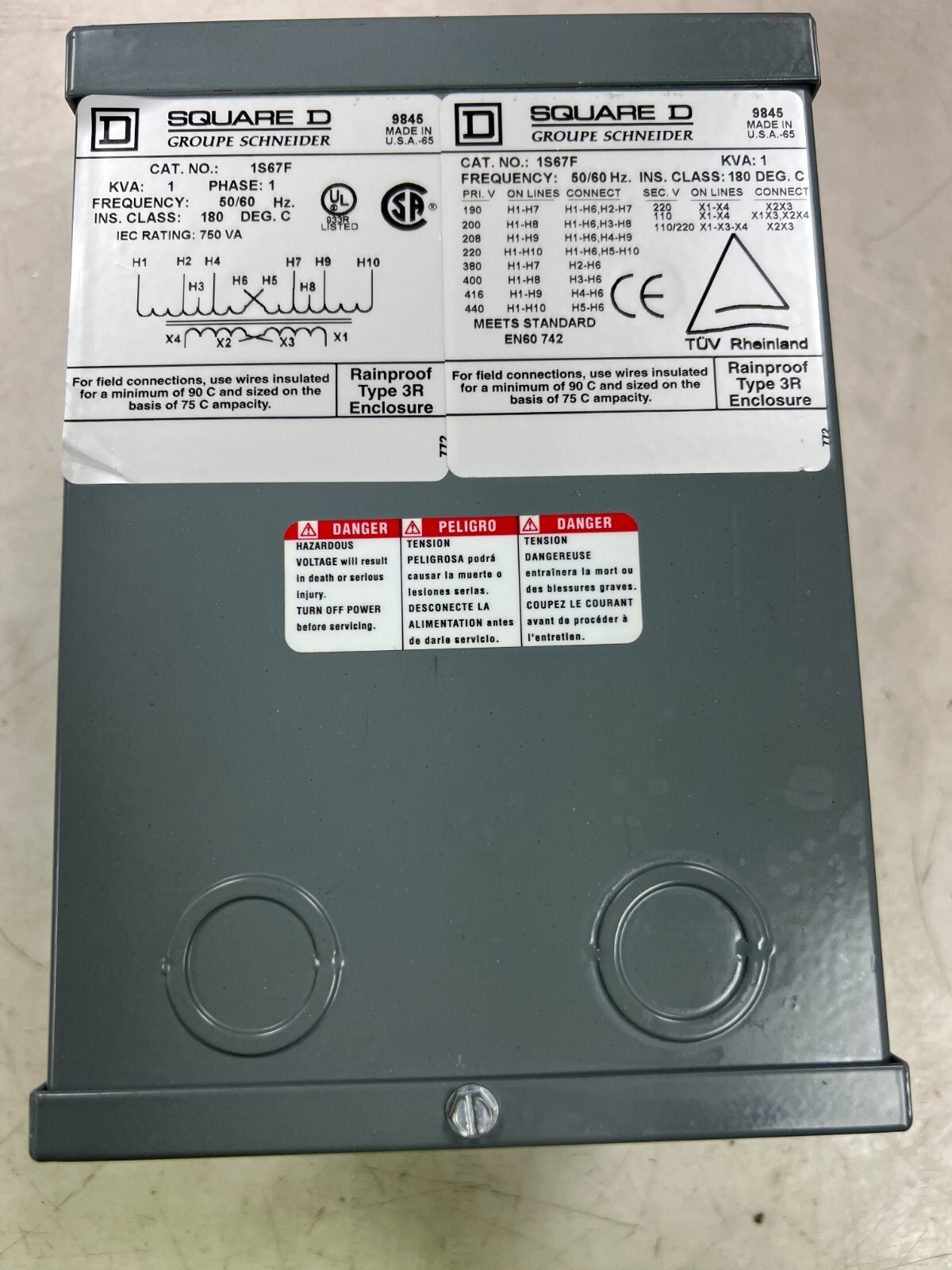 👀 SQUARE D 1 KVA RAINTIGHT TRANSFORMER 190-440 HV 110/120 LV 1Ø 750 VA 1S67F