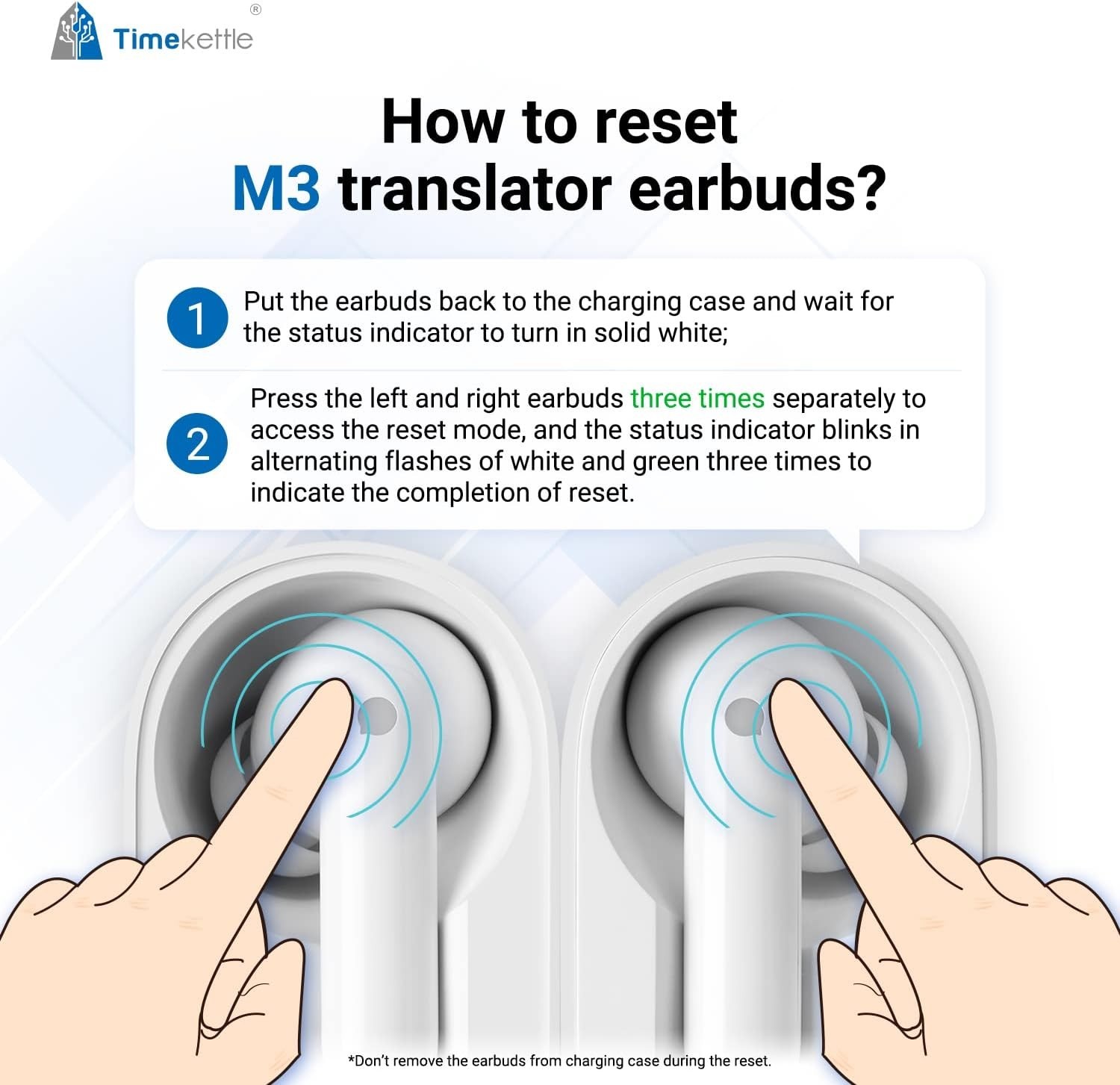 TimeKettle M3 White Bluetooth 3 In 1 Language Translator Earbuds With Manual